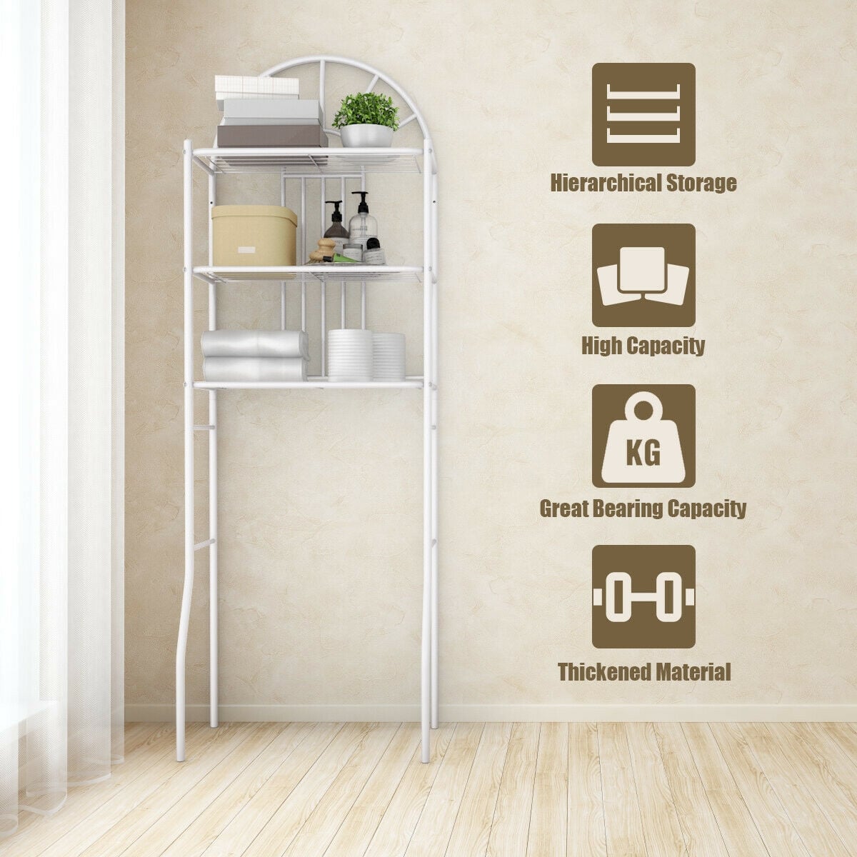 3-Tier Bathroom Rack Over-the-Toilet Storage Rack with 3 Shelves-Over the Toilet Storage-DECOROLALA
