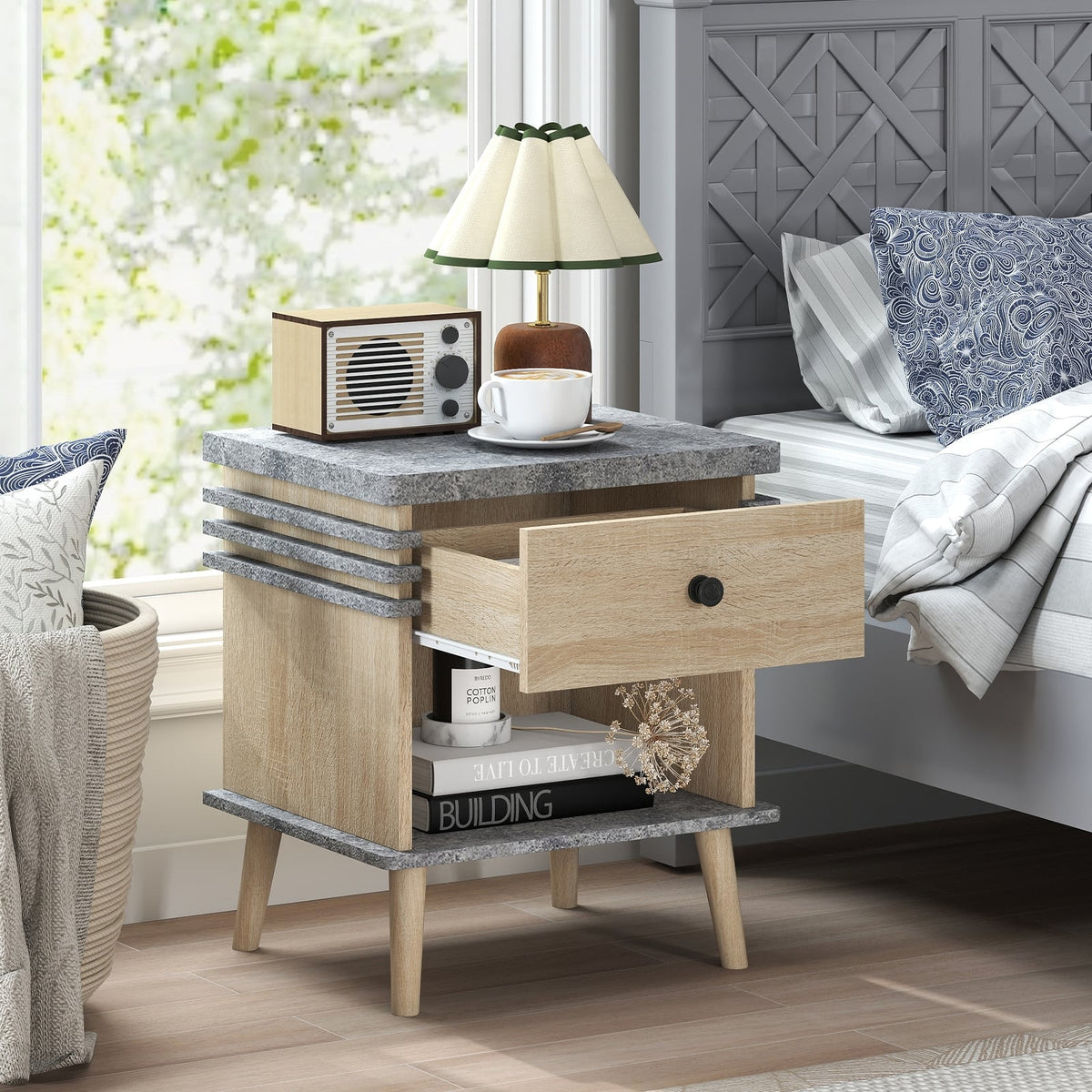 3-Tier Bedside Table Nightstand with Antique Grey Faux Marble Top-Grey-Nightstands-DECOROLALA
