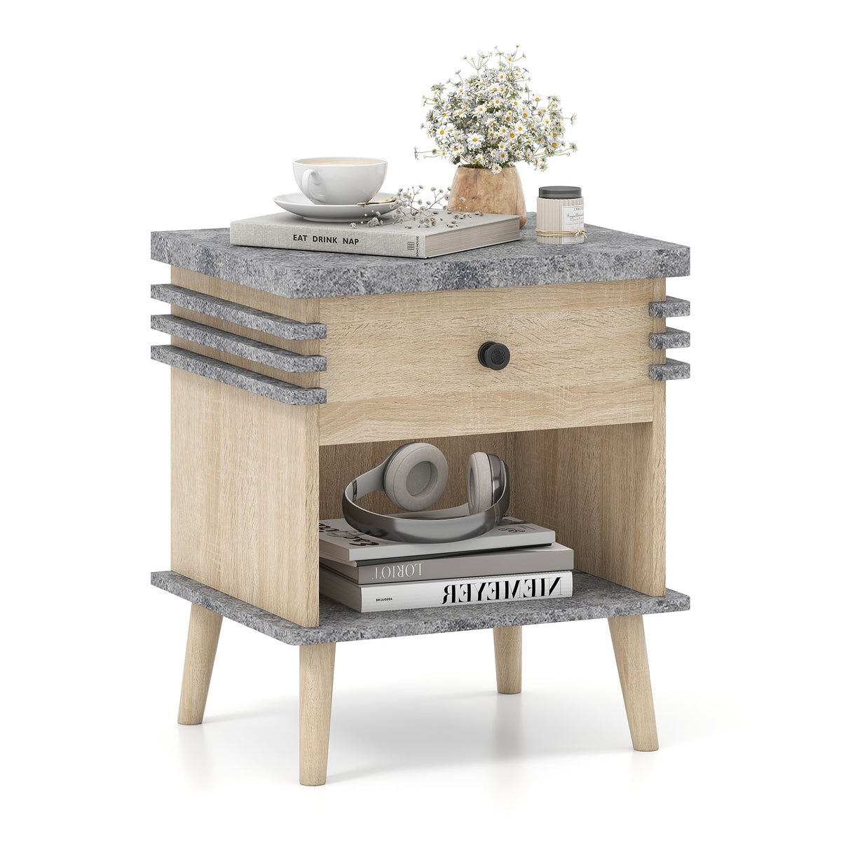 3-Tier Bedside Table Nightstand with Antique Grey Faux Marble Top-Grey-Nightstands-DECOROLALA