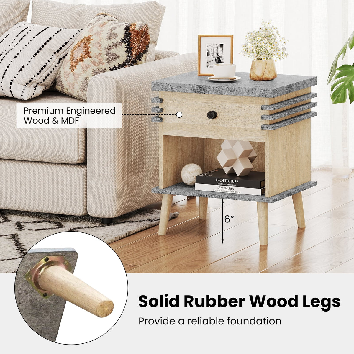 3-Tier Bedside Table Nightstand with Antique Grey Faux Marble Top-Grey-Nightstands-DECOROLALA