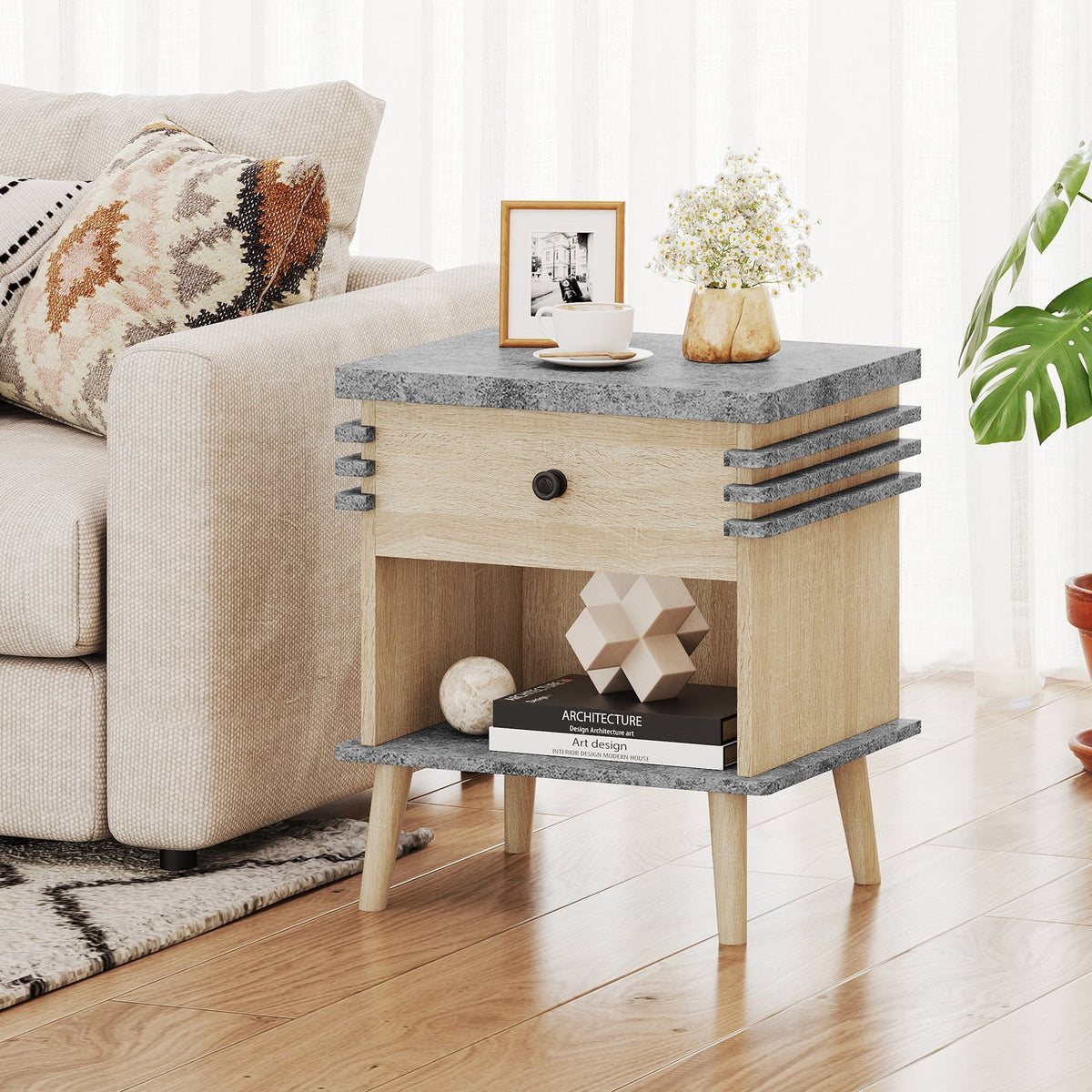 3-Tier Bedside Table Nightstand with Antique Grey Faux Marble Top-Grey-Nightstands-DECOROLALA