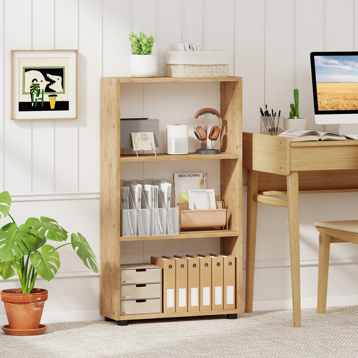 3-Tier Bookcase 42 inch Tall Book Shelf with Anti-Tipping Kit-Brown-Bookcases-DECOROLALA