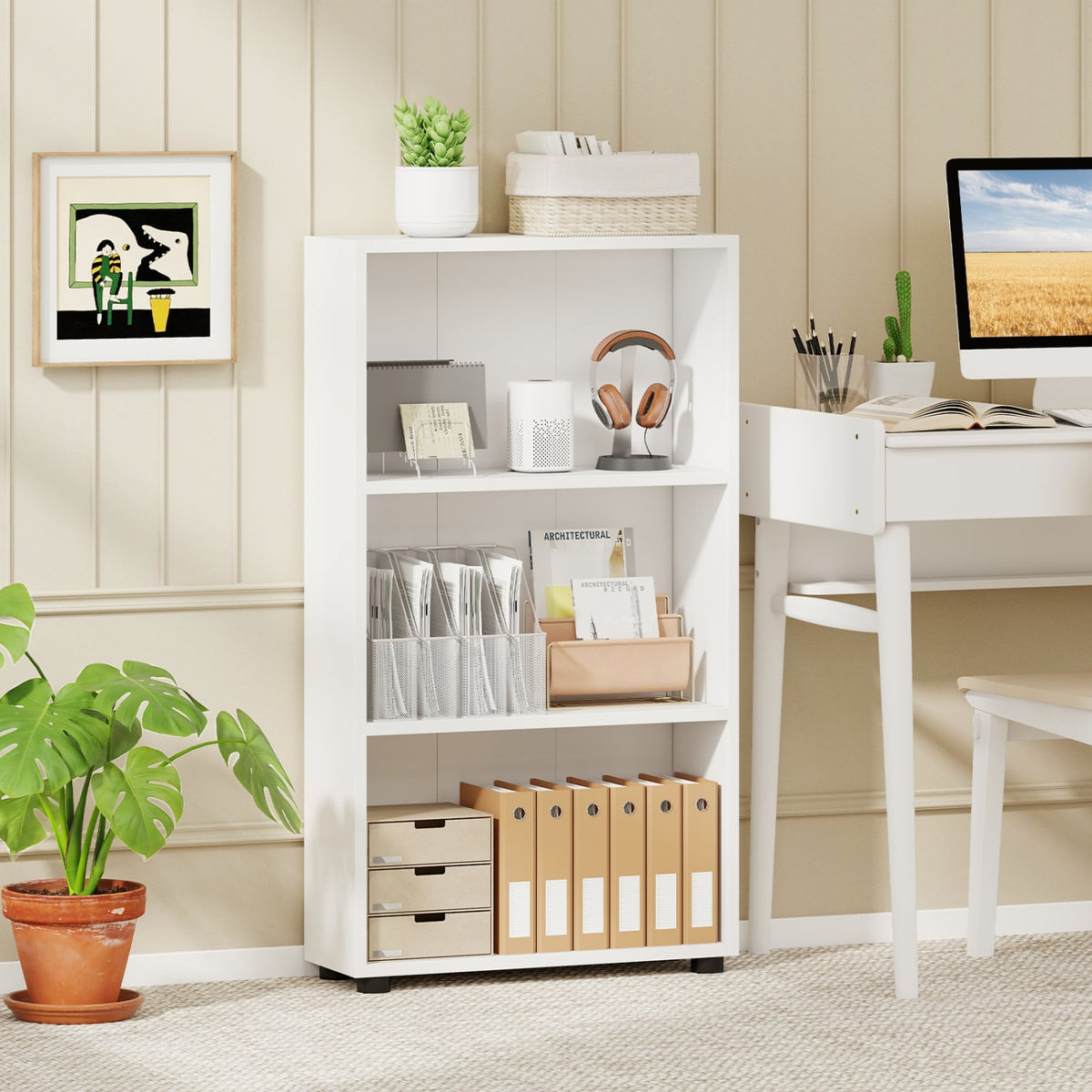 3-Tier Bookcase 42 inch Tall Book Shelf with Anti-Tipping Kit-White-Bookcases-DECOROLALA