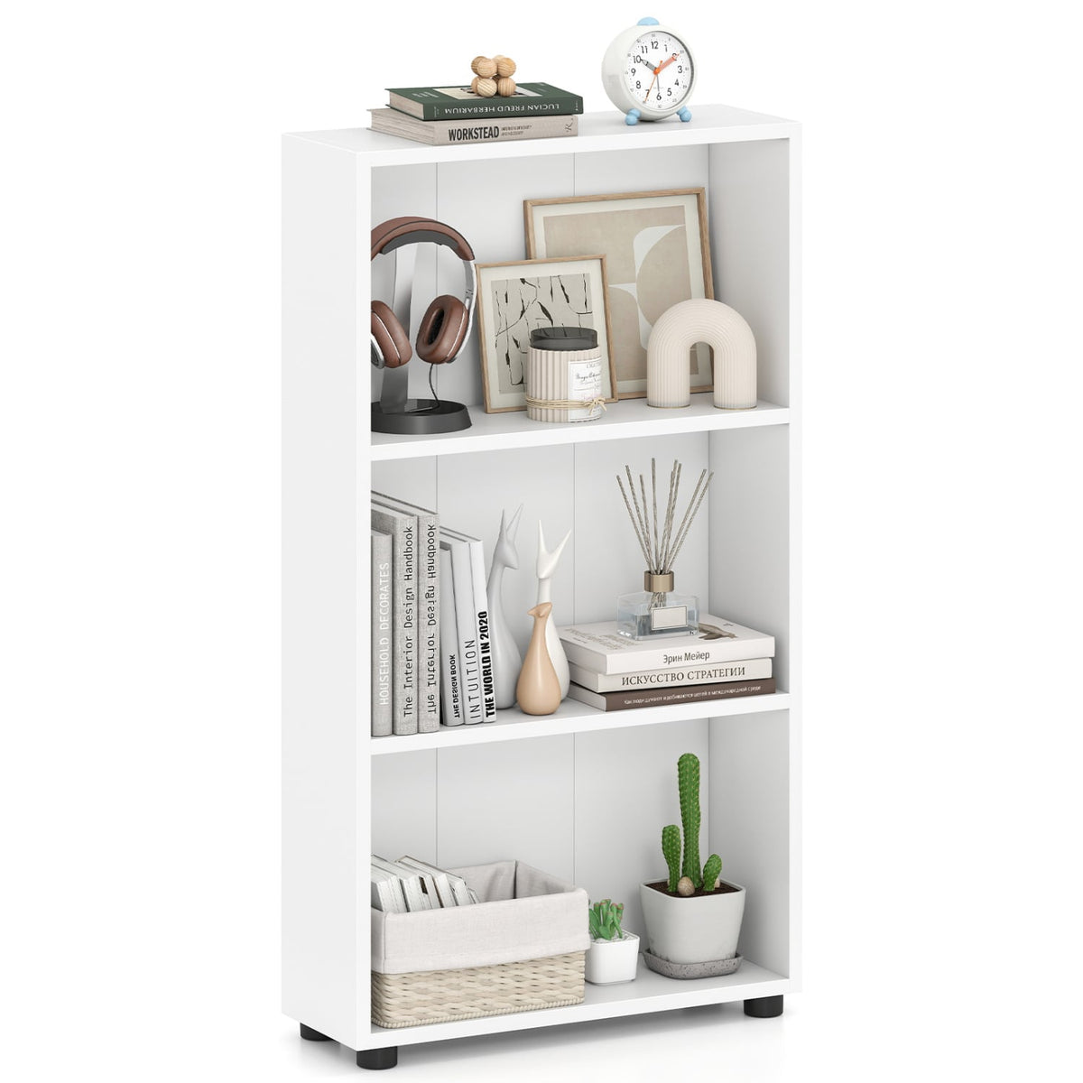 3-Tier Bookcase 42 inch Tall Book Shelf with Anti-Tipping Kit-White-Bookcases-DECOROLALA