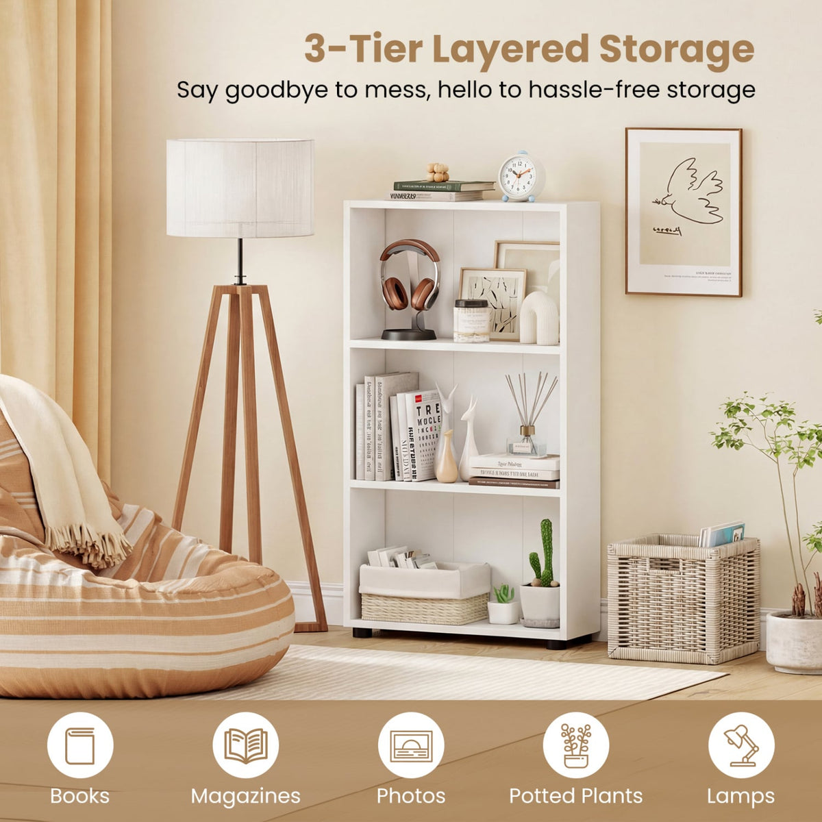3-Tier Bookcase 42 inch Tall Book Shelf with Anti-Tipping Kit-White-Bookcases-DECOROLALA