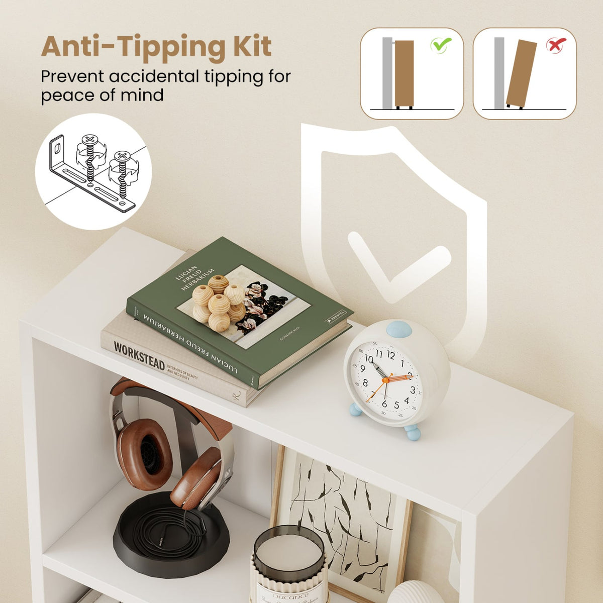 3-Tier Bookcase 42 inch Tall Book Shelf with Anti-Tipping Kit-White-Bookcases-DECOROLALA