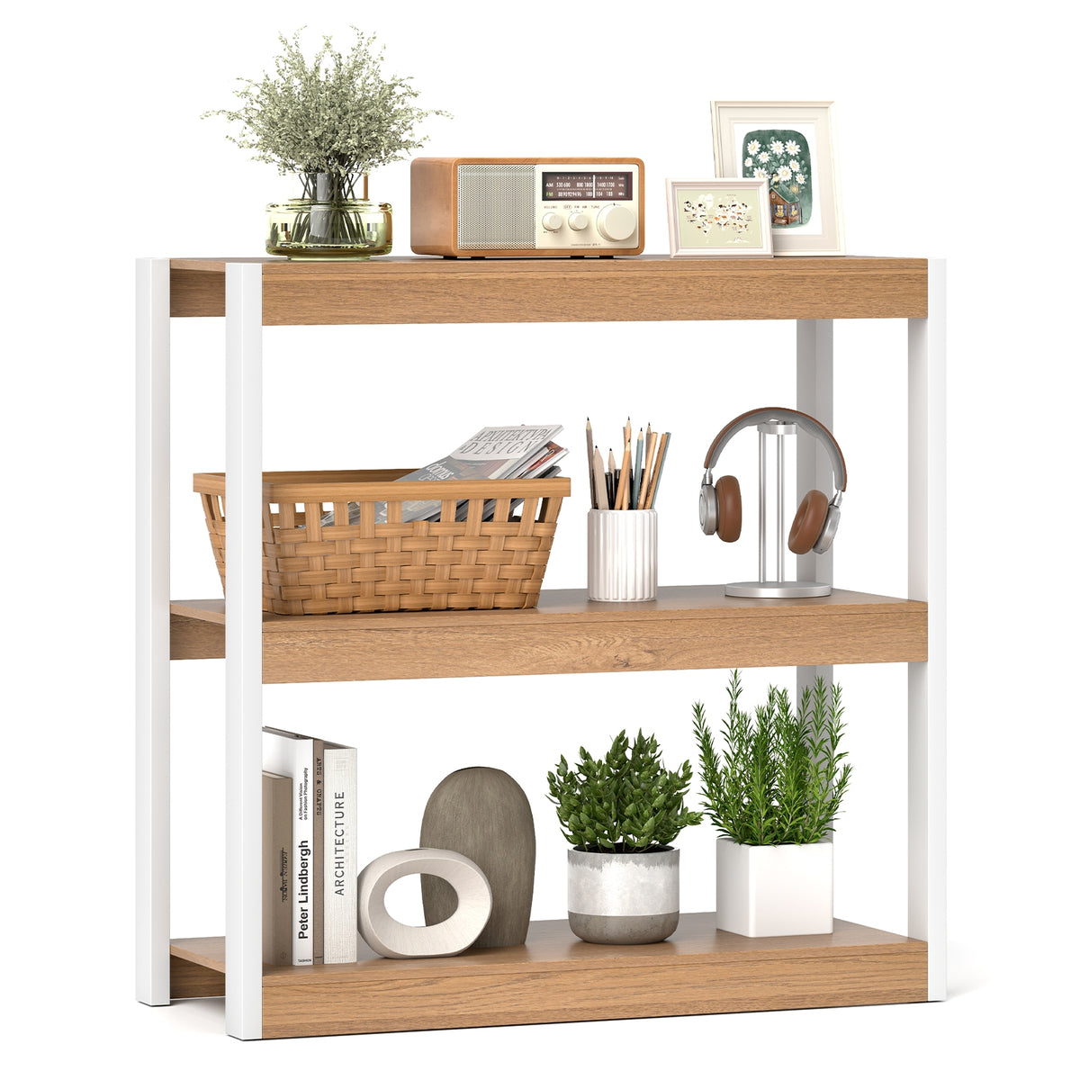 3 Tier Bookshelf Wooden Bookcase with Dual Anti-Tipping Kits-Natural-Bookcases-DECOROLALA