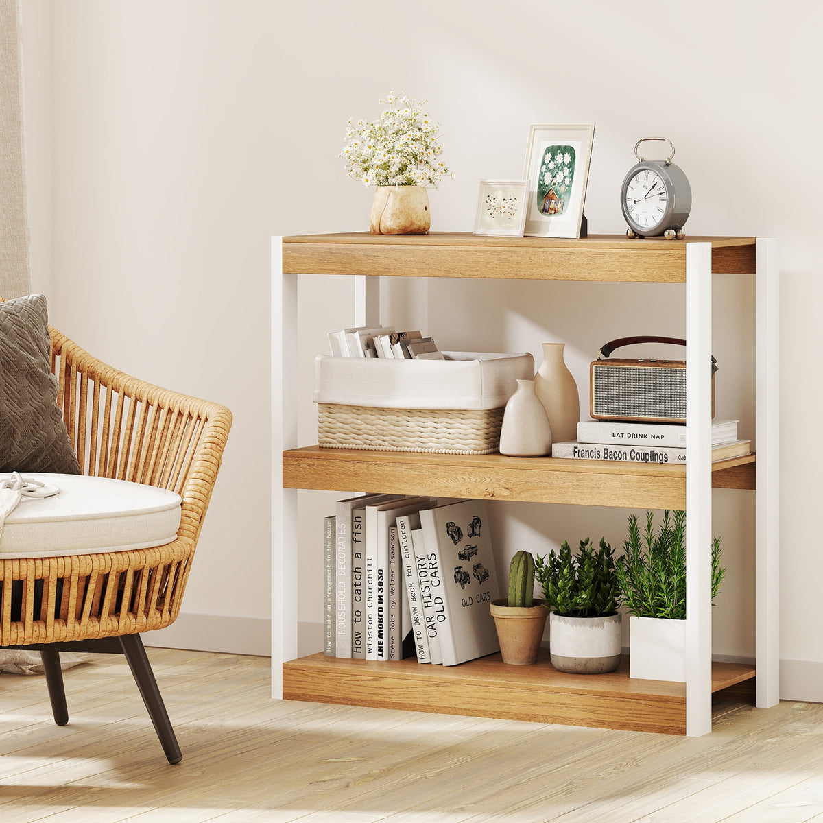 3 Tier Bookshelf Wooden Bookcase with Dual Anti-Tipping Kits-Natural-Bookcases-DECOROLALA