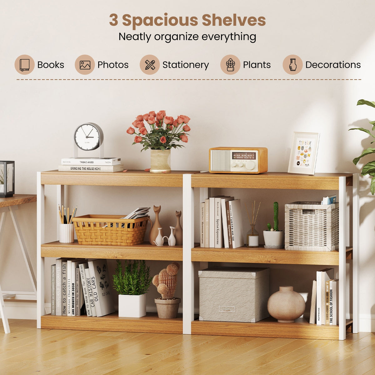3 Tier Bookshelf Wooden Bookcase with Dual Anti-Tipping Kits-Natural-Bookcases-DECOROLALA