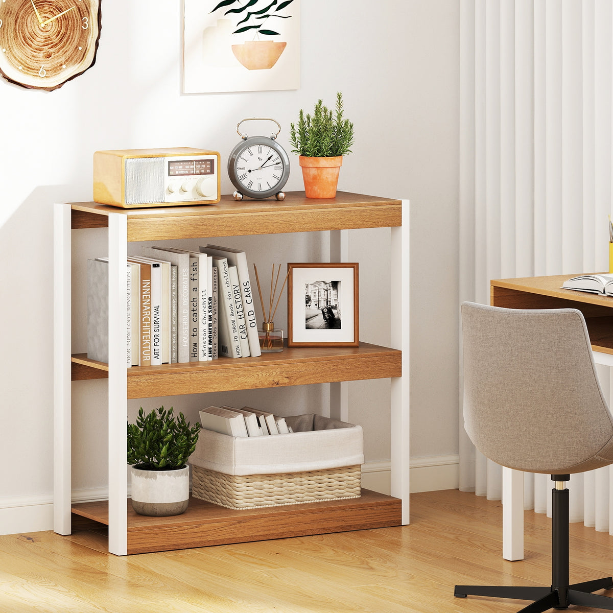 3 Tier Bookshelf Wooden Bookcase with Dual Anti-Tipping Kits-Natural-Bookcases-DECOROLALA