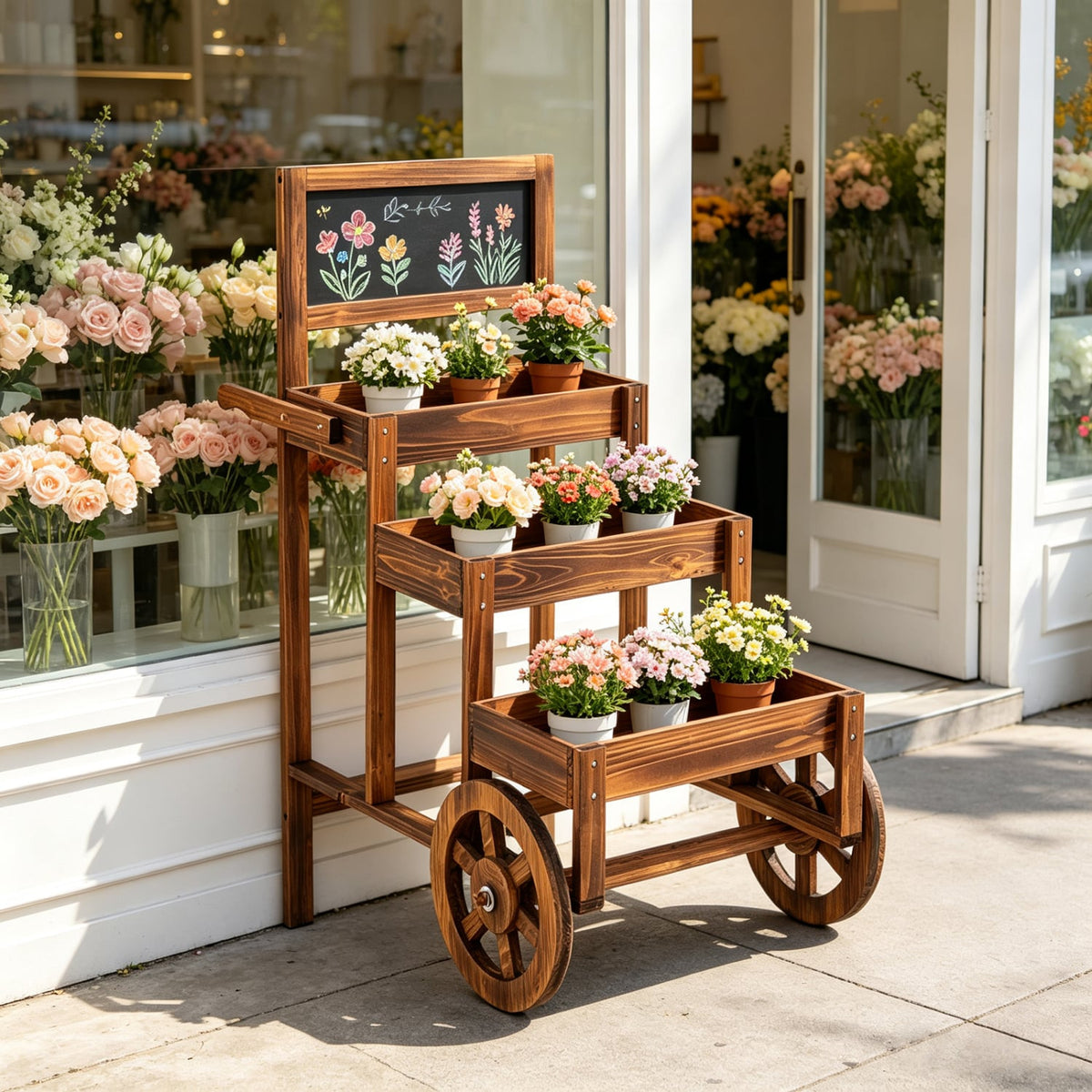 3-Tier Carbonized Fir Wood Plant Display Stand Wooden Dessert Candy Cart-Brown-Plant Stands-DECOROLALA