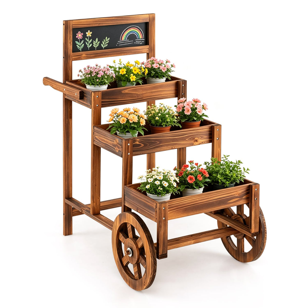 3-Tier Carbonized Fir Wood Plant Display Stand Wooden Dessert Candy Cart-Brown-Plant Stands-DECOROLALA
