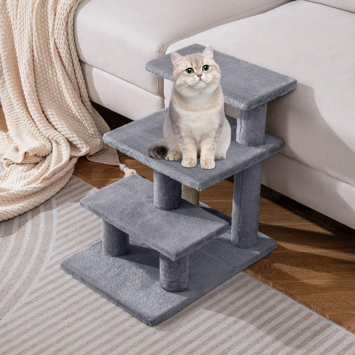 3-Tier Cat Stairs 19 Inch Plush Steps with Scratching Posts for High Bed Sofa-Gray-Cat Trees & Scratchers-DECOROLALA