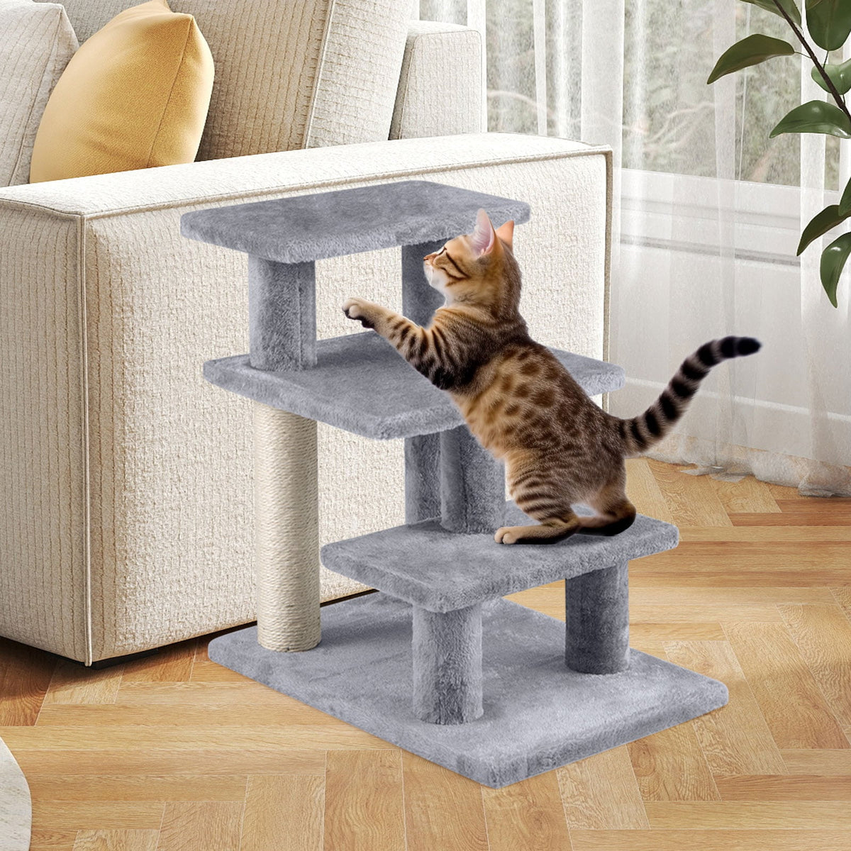 3-Tier Cat Stairs 19 Inch Plush Steps with Scratching Posts for High Bed Sofa-Gray-Cat Trees & Scratchers-DECOROLALA