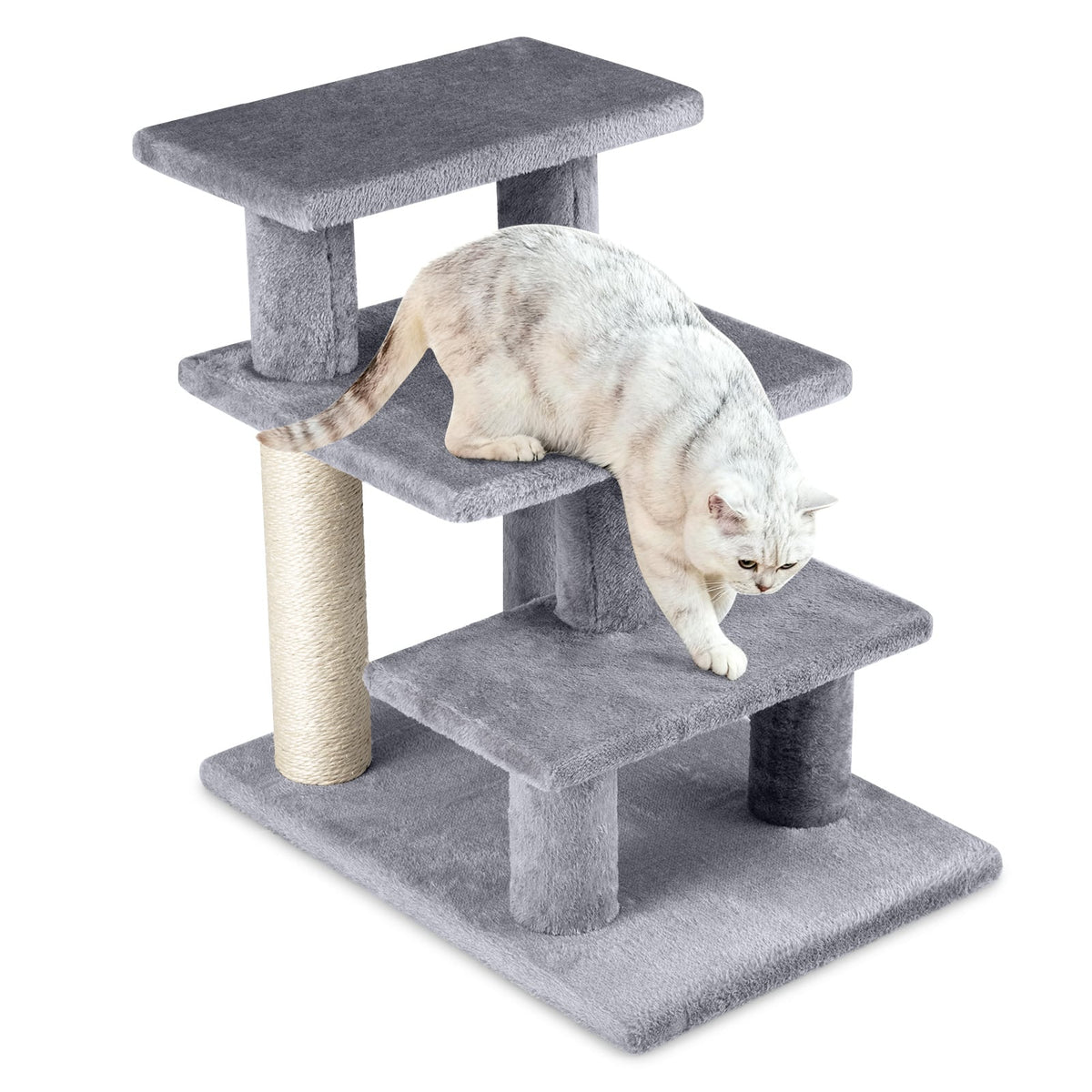 3-Tier Cat Stairs 19 Inch Plush Steps with Scratching Posts for High Bed Sofa-Gray-Cat Trees & Scratchers-DECOROLALA