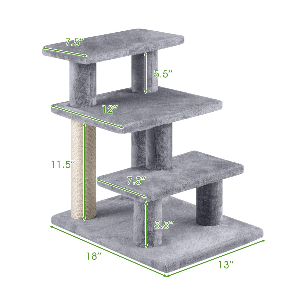 3-Tier Cat Stairs 19 Inch Plush Steps with Scratching Posts for High Bed Sofa-Gray-Cat Trees & Scratchers-DECOROLALA