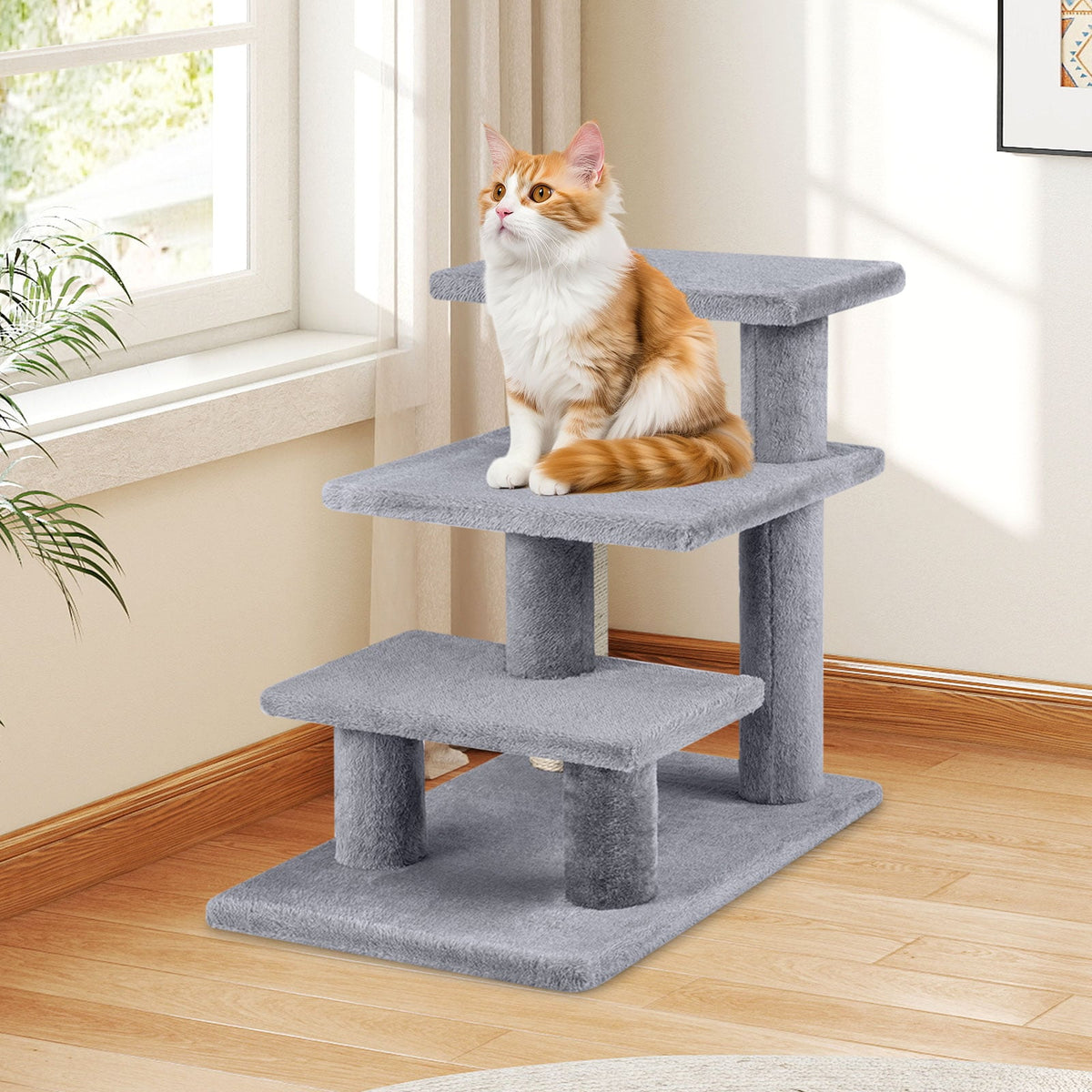 3-Tier Cat Stairs 19 Inch Plush Steps with Scratching Posts for High Bed Sofa-Gray-Cat Trees & Scratchers-DECOROLALA