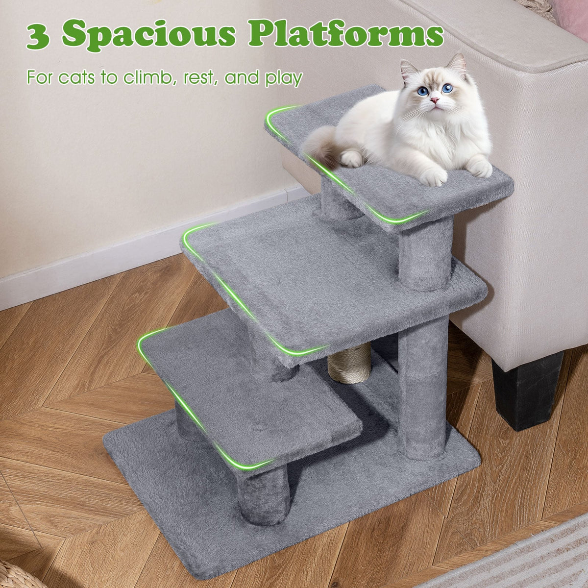 3-Tier Cat Stairs 19 Inch Plush Steps with Scratching Posts for High Bed Sofa-Gray-Cat Trees & Scratchers-DECOROLALA