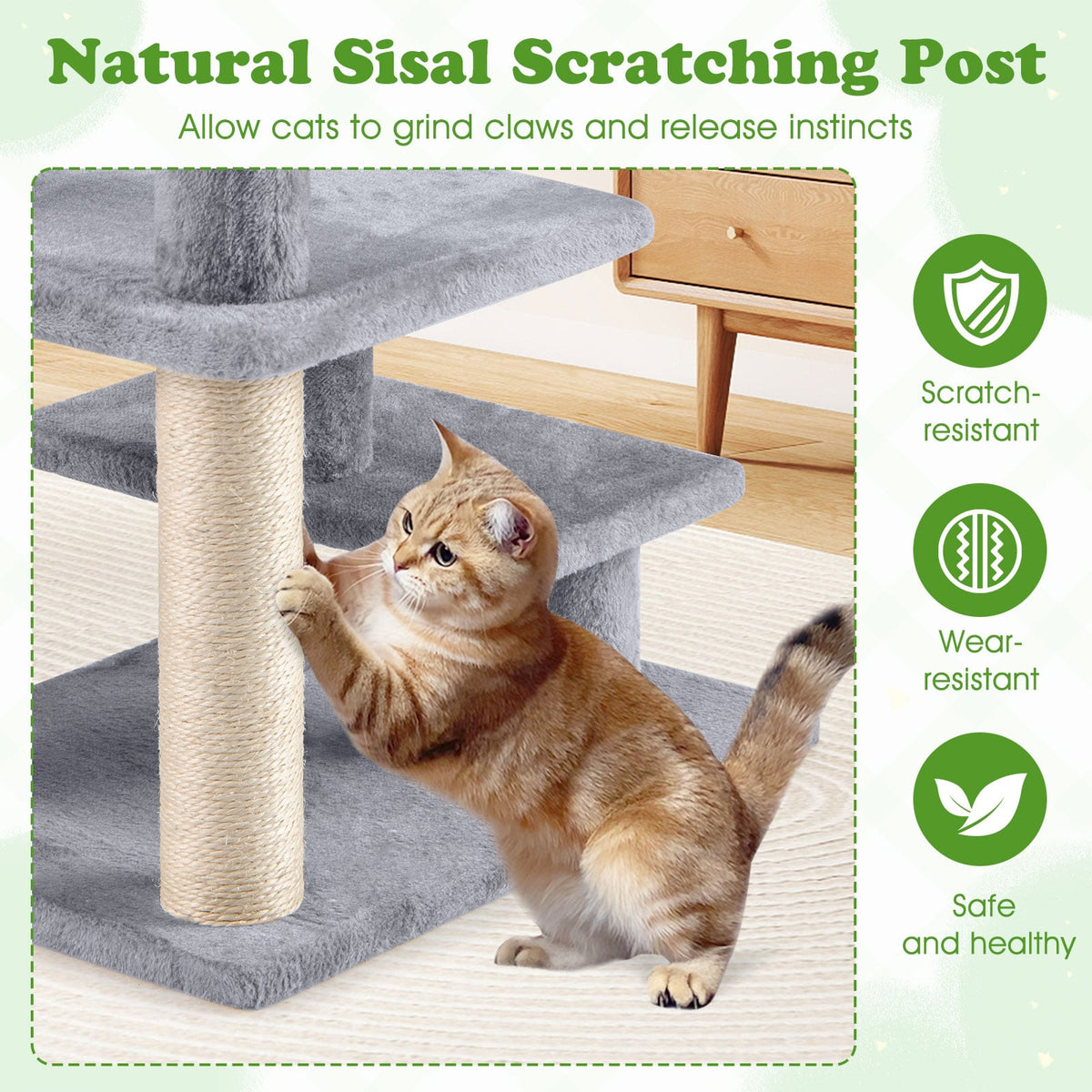 3-Tier Cat Stairs 19 Inch Plush Steps with Scratching Posts for High Bed Sofa-Gray-Cat Trees & Scratchers-DECOROLALA