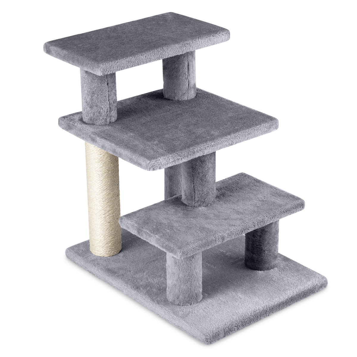 3-Tier Cat Stairs 19 Inch Plush Steps with Scratching Posts for High Bed Sofa-Gray-Cat Trees & Scratchers-DECOROLALA