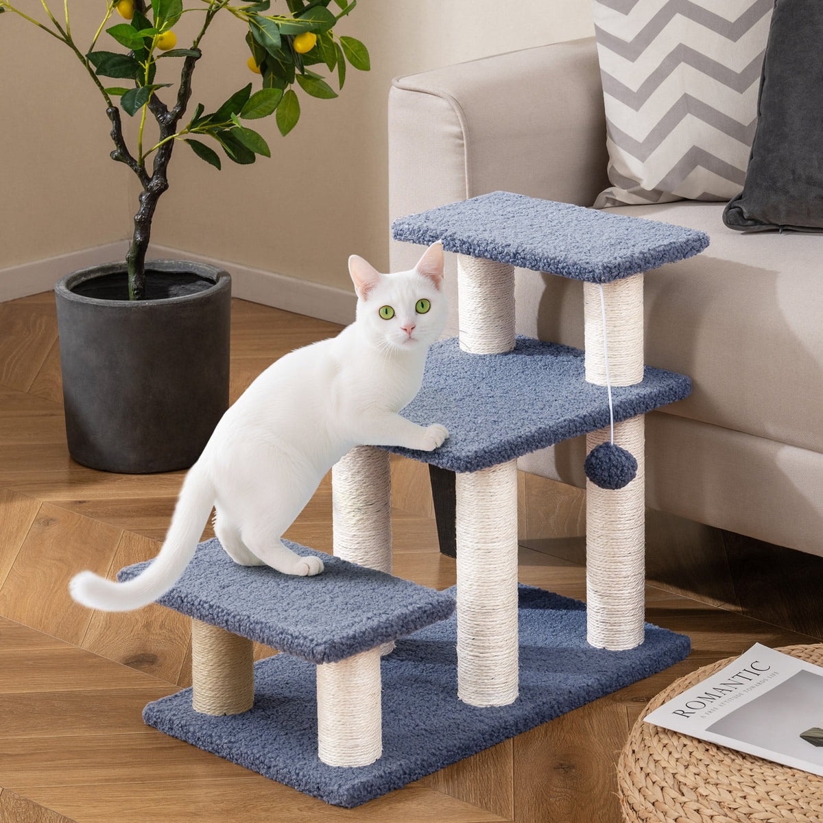 3-Tier Cat Stairs 20 Inch with Scratching Posts and Hanging Toy Ball-Gray-Cat Trees & Scratchers-DECOROLALA