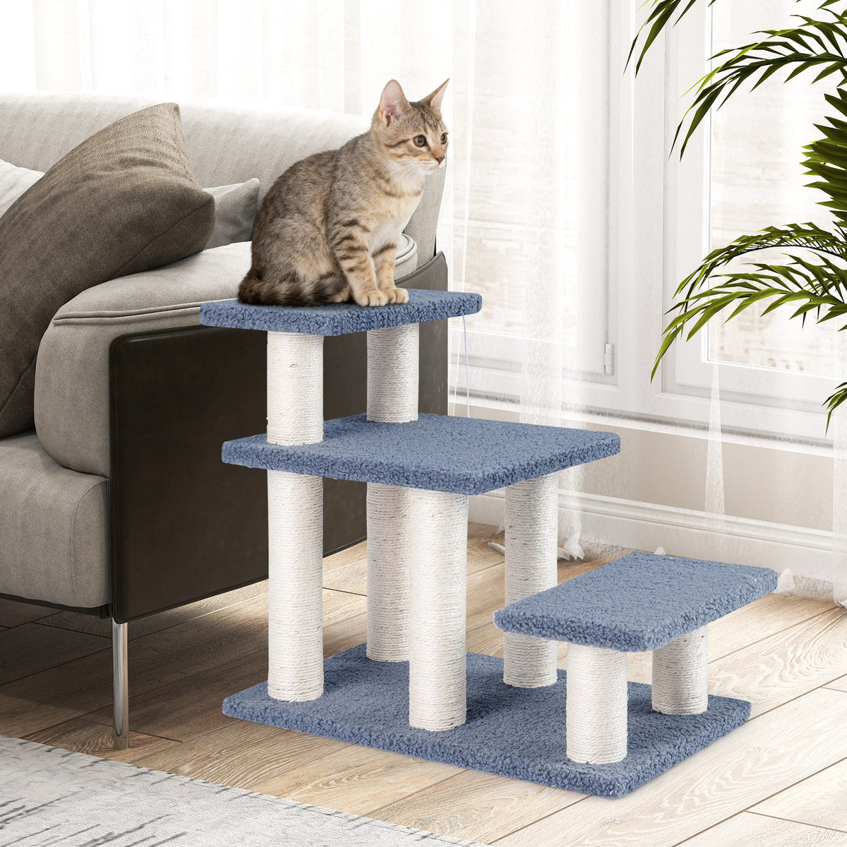 3-Tier Cat Stairs 20 Inch with Scratching Posts and Hanging Toy Ball-Gray-Cat Trees & Scratchers-DECOROLALA