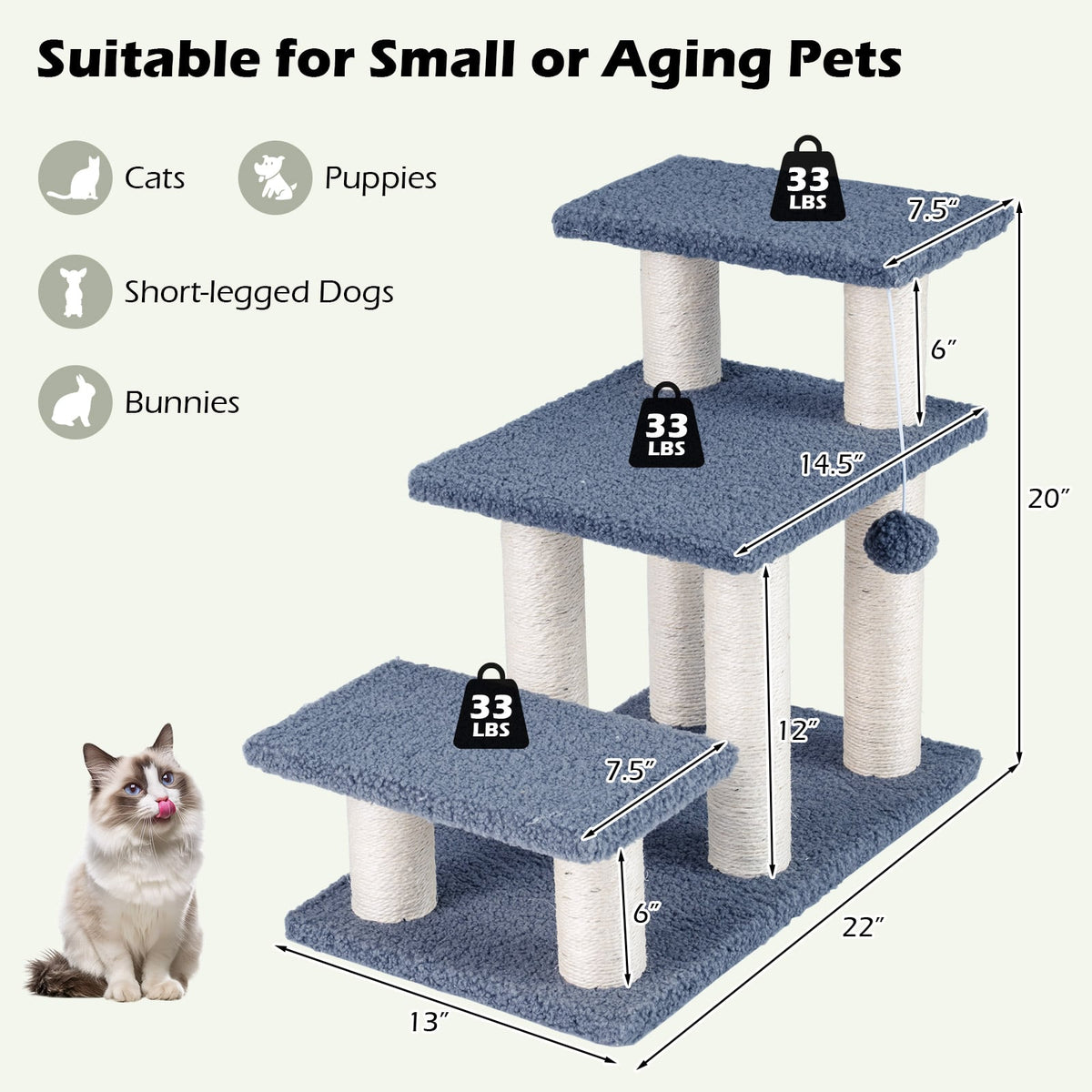3-Tier Cat Stairs 20 Inch with Scratching Posts and Hanging Toy Ball-Gray-Cat Trees & Scratchers-DECOROLALA