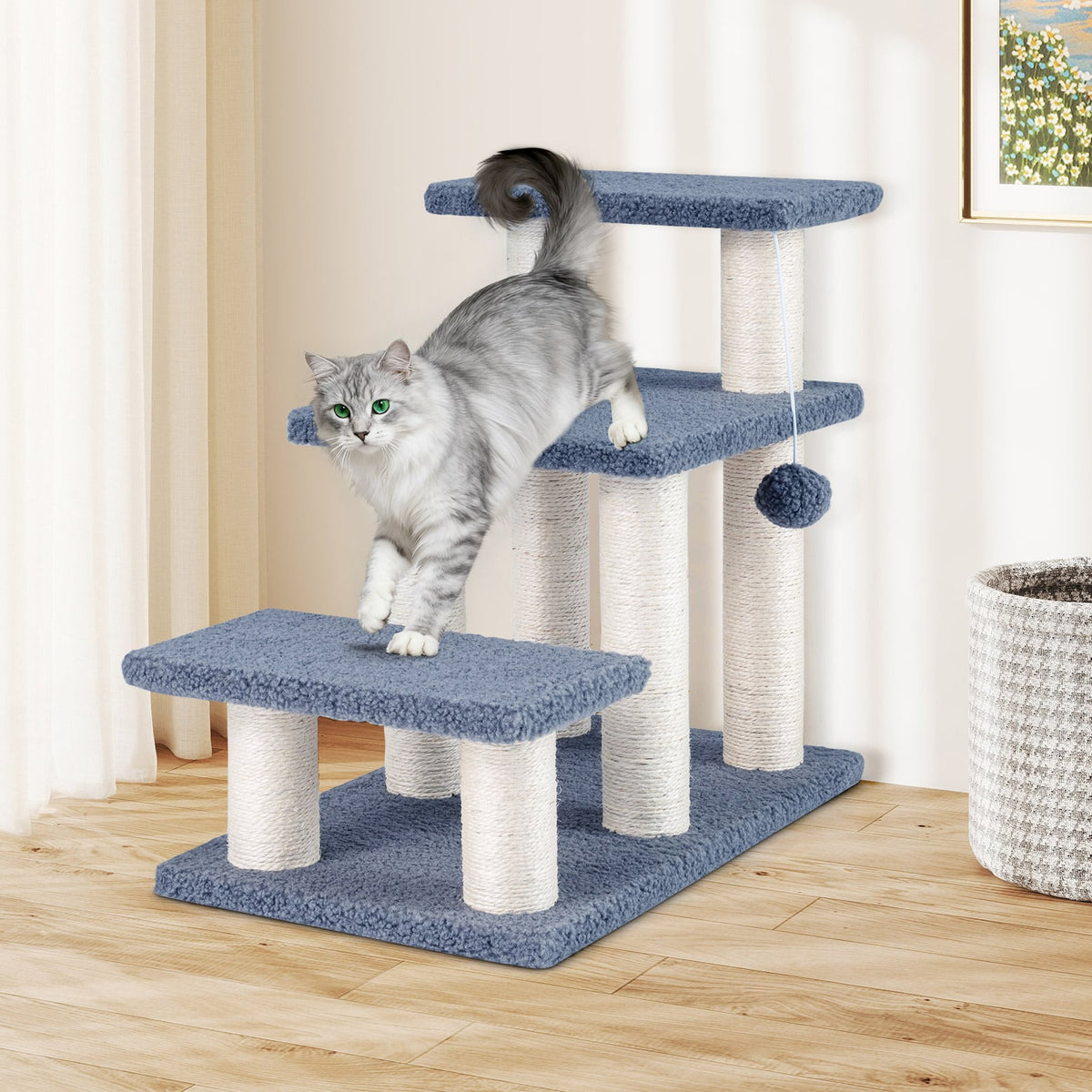 3-Tier Cat Stairs 20 Inch with Scratching Posts and Hanging Toy Ball-Gray-Cat Trees & Scratchers-DECOROLALA