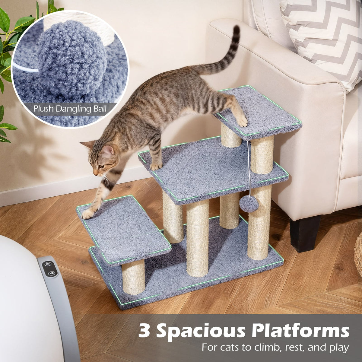 3-Tier Cat Stairs 20 Inch with Scratching Posts and Hanging Toy Ball-Gray-Cat Trees & Scratchers-DECOROLALA