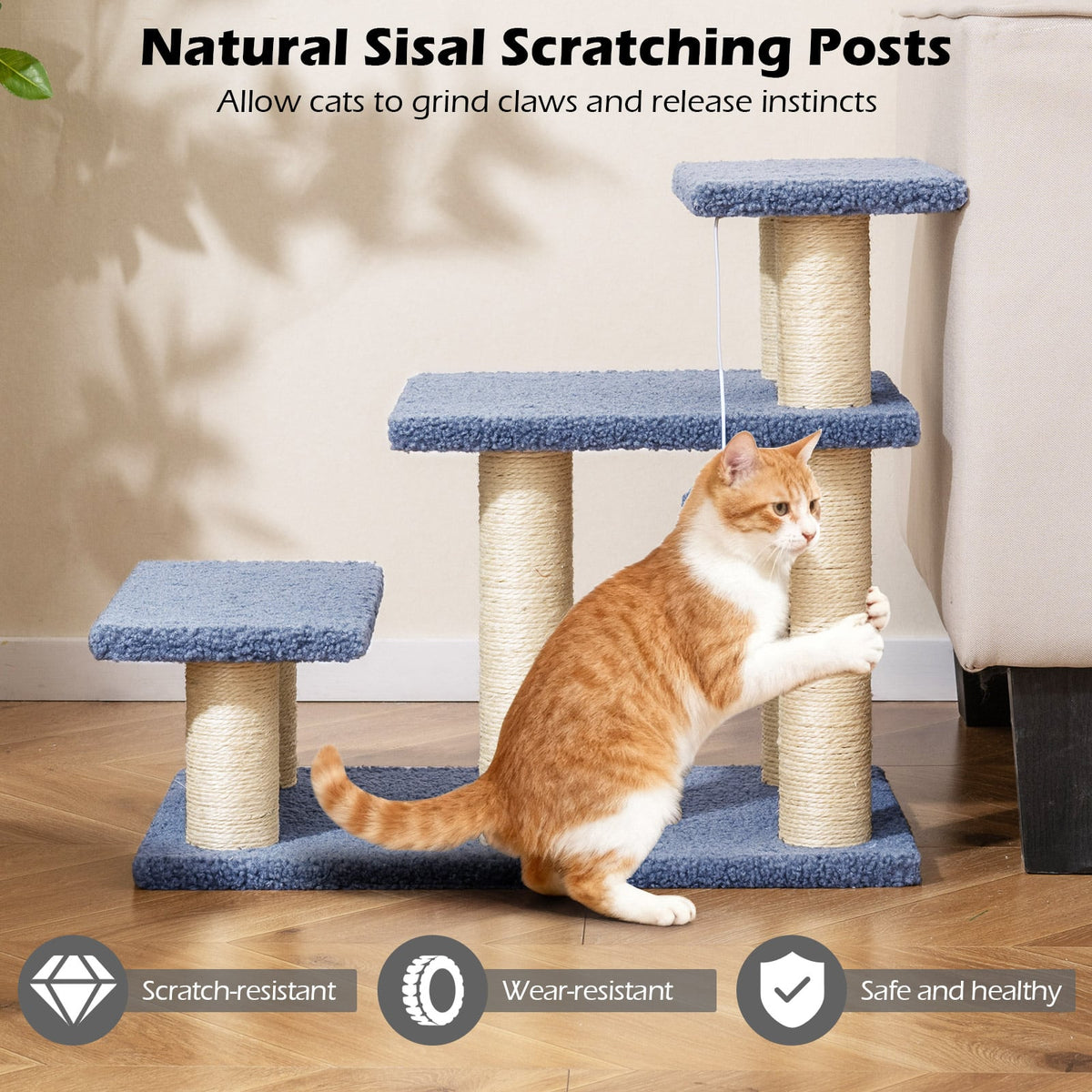3-Tier Cat Stairs 20 Inch with Scratching Posts and Hanging Toy Ball-Gray-Cat Trees & Scratchers-DECOROLALA