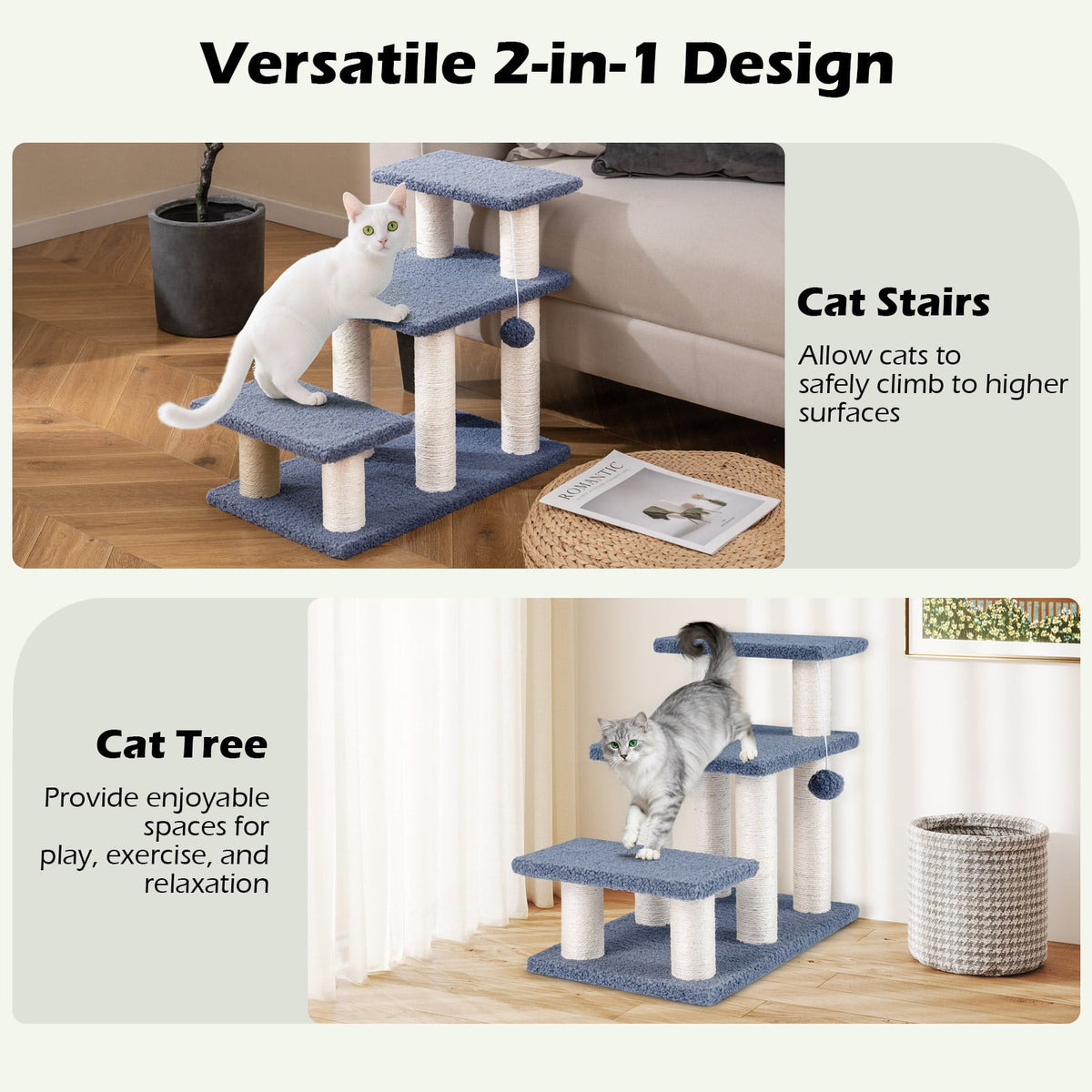 3-Tier Cat Stairs 20 Inch with Scratching Posts and Hanging Toy Ball-Gray-Cat Trees & Scratchers-DECOROLALA