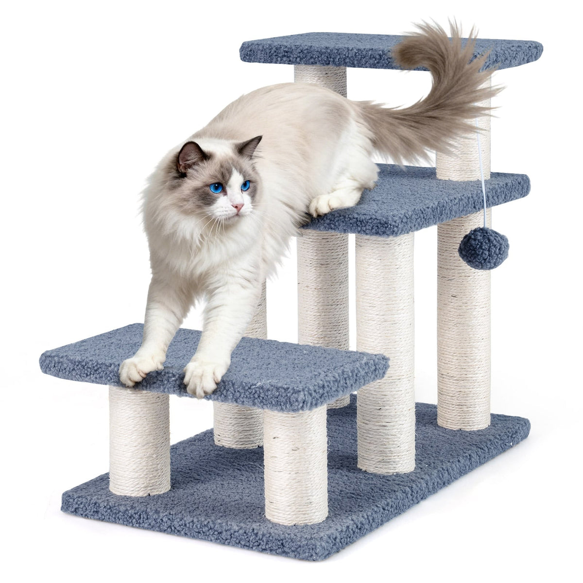 3-Tier Cat Stairs 20 Inch with Scratching Posts and Hanging Toy Ball-Gray-Cat Trees & Scratchers-DECOROLALA