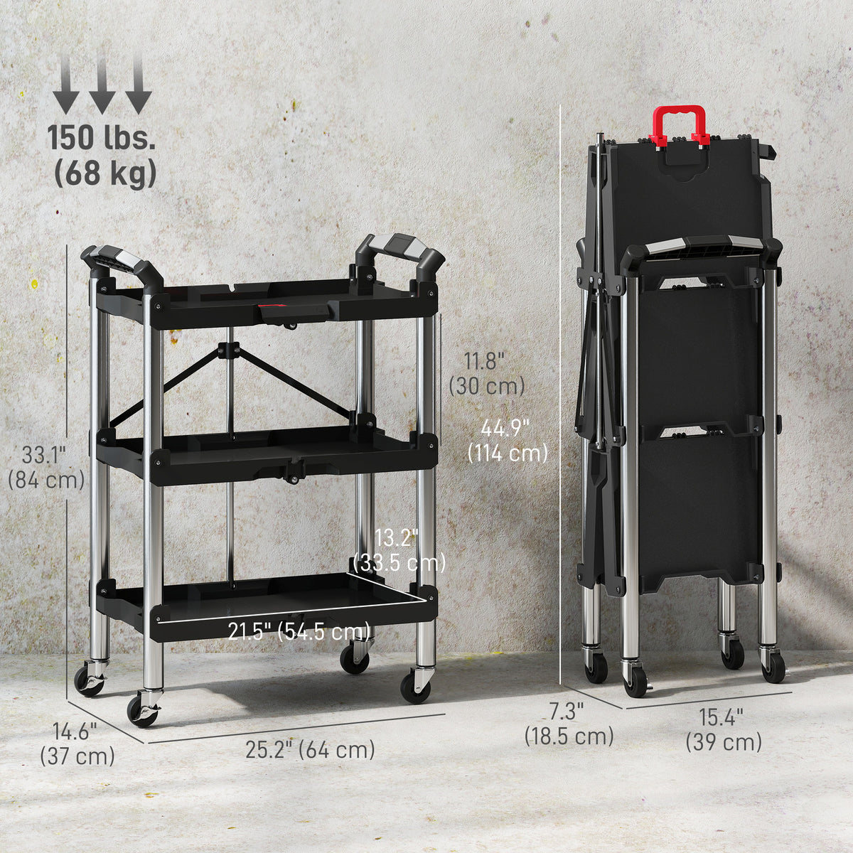 3-Tier Collapsible Utility Tool Cart - 150 lbs Black-Home Improvement > Tools-DECOROLALA