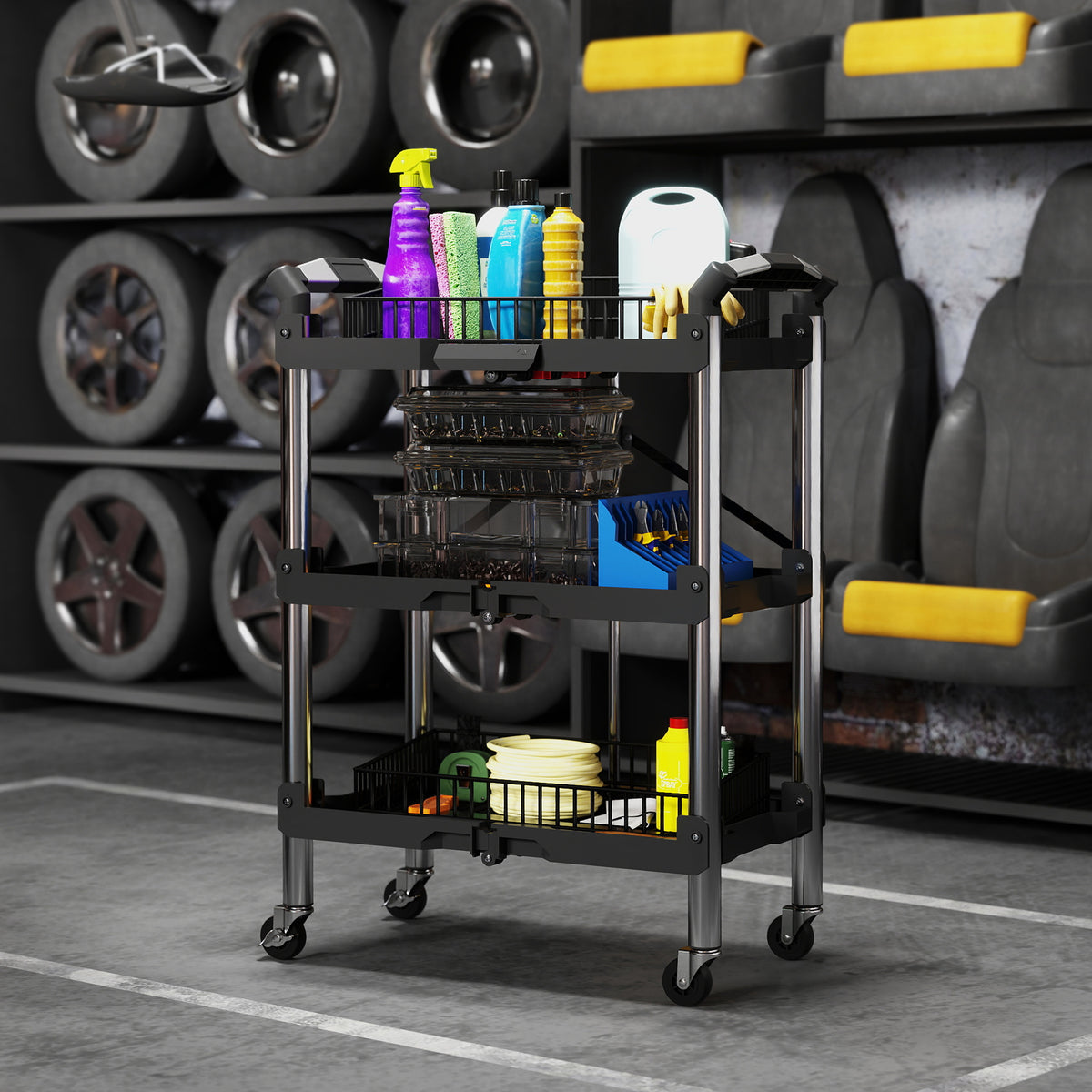3-Tier Collapsible Utility Tool Cart - 150 lbs Black-Home Improvement > Tools-DECOROLALA
