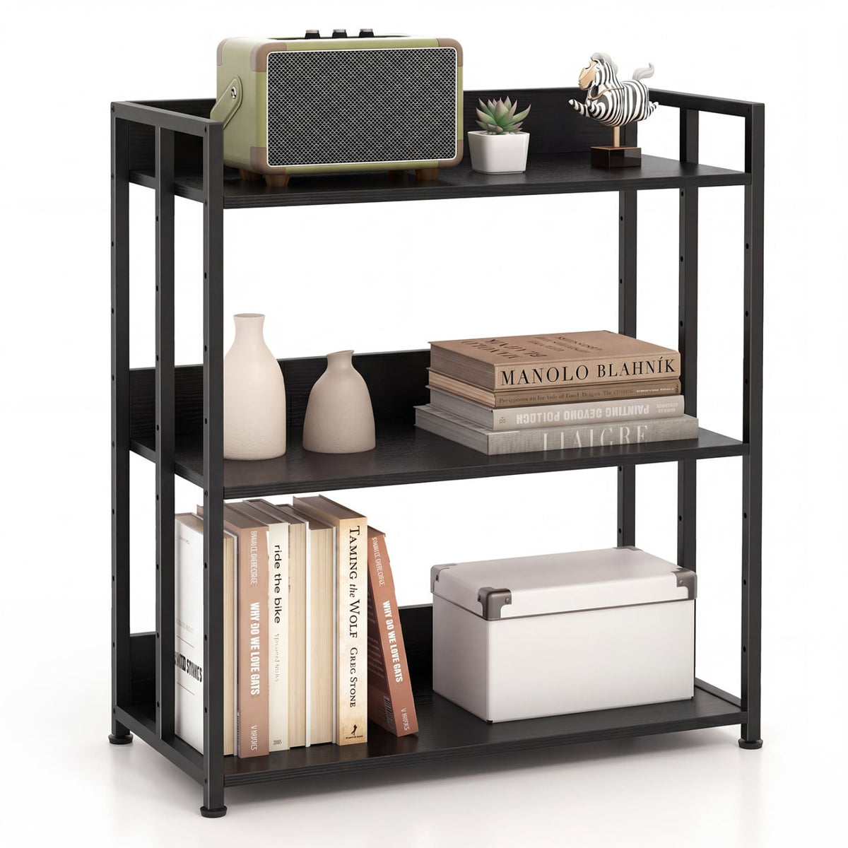 3-Tier Corner Bookshelf with Adjustable Shelves and Anti-Toppling Device for Study-Black-Bookcases-DECOROLALA