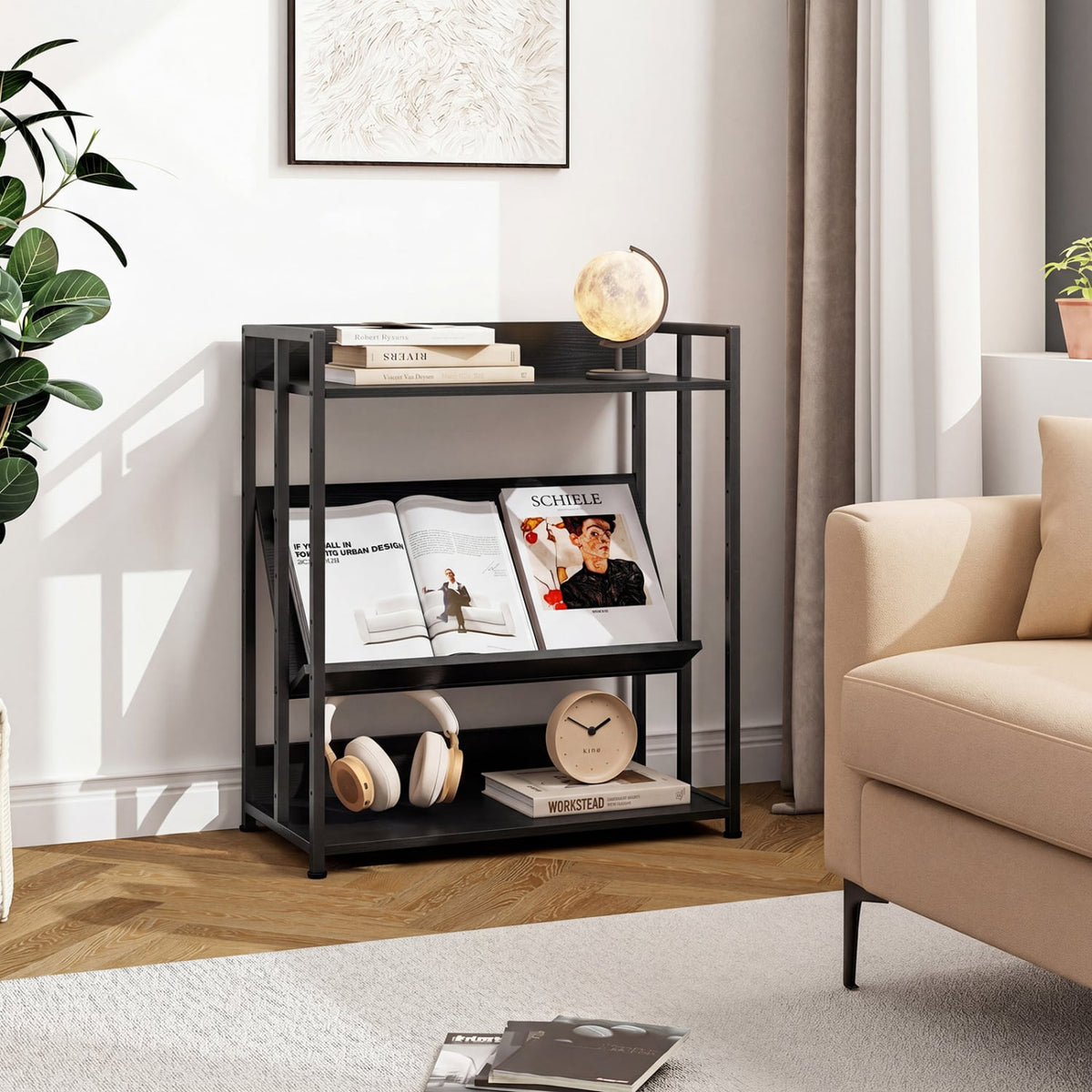 3-Tier Corner Bookshelf with Adjustable Shelves and Anti-Toppling Device for Study-Black-Bookcases-DECOROLALA