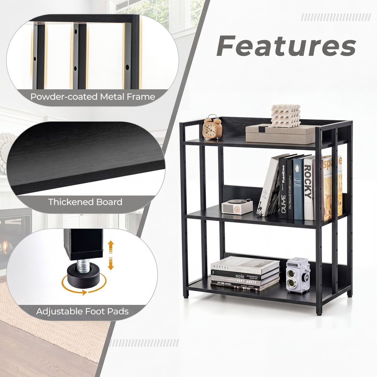 3-Tier Corner Bookshelf with Adjustable Shelves and Anti-Toppling Device for Study-Black-Bookcases-DECOROLALA