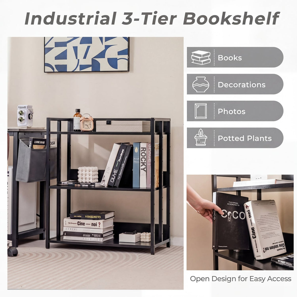 3-Tier Corner Bookshelf with Adjustable Shelves and Anti-Toppling Device for Study-Black-Bookcases-DECOROLALA