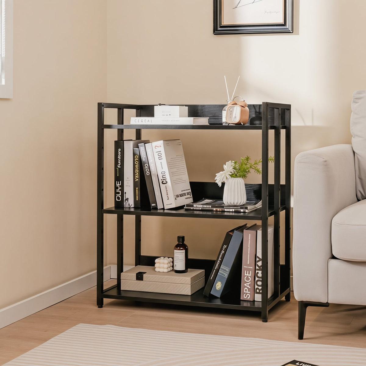 3-Tier Corner Bookshelf with Adjustable Shelves and Anti-Toppling Device for Study-Black-Bookcases-DECOROLALA