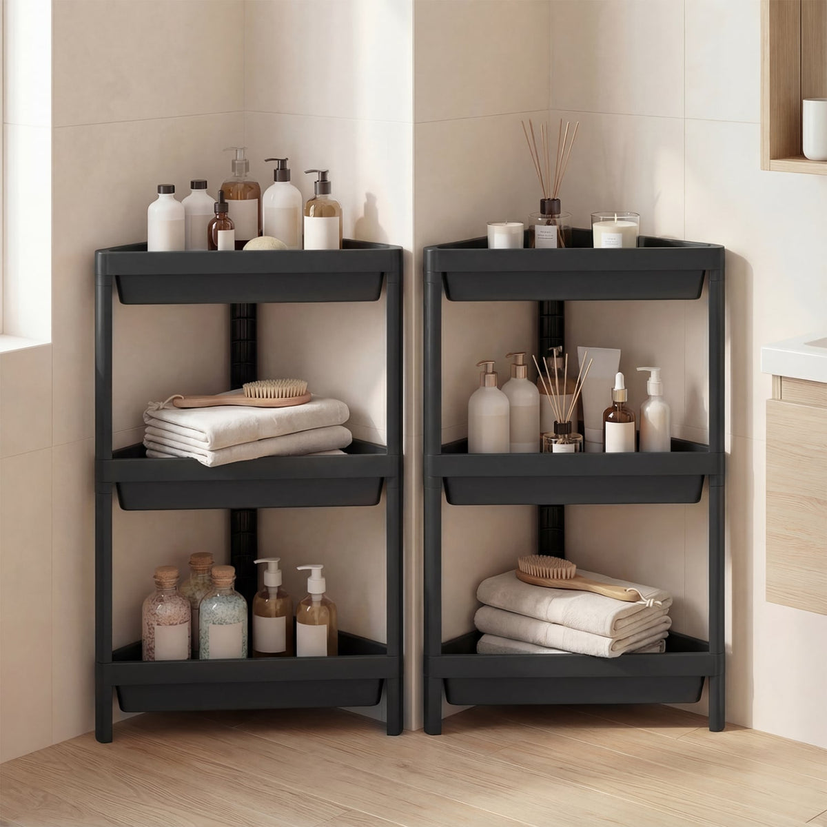 3-Tier Corner Shower Caddy 2-Pack - Black Waterproof PP Shelves-Floor Cabinets-DECOROLALA