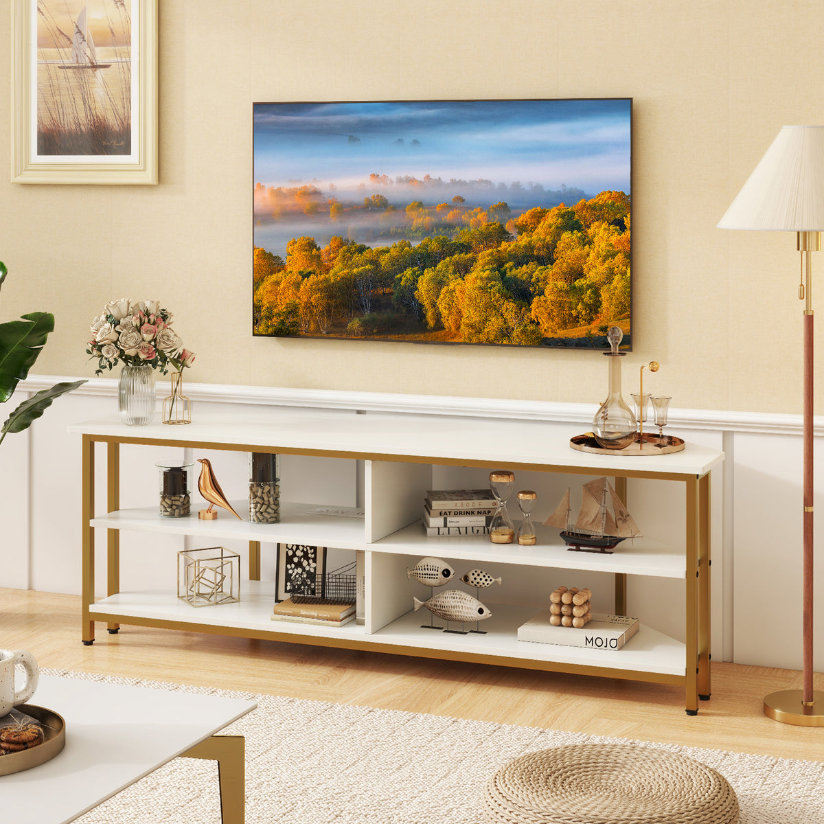 3-Tier Corner TV Stand for TVs up to 65 Inches with Charging Station- White-Entertainment Centers & TV Stands-DECOROLALA