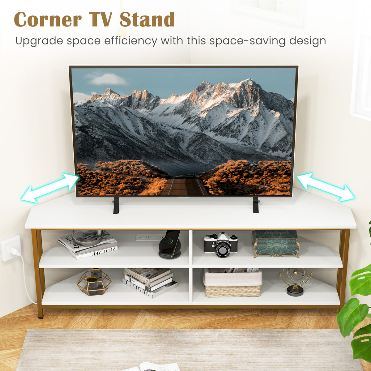 3-Tier Corner TV Stand for TVs up to 65 Inches with Charging Station- White-Entertainment Centers & TV Stands-DECOROLALA