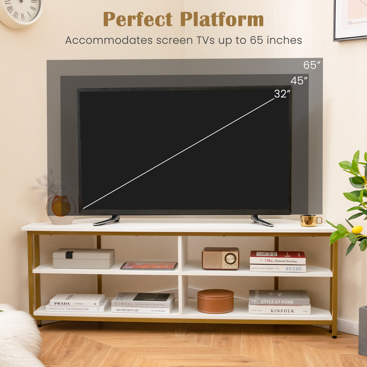 3-Tier Corner TV Stand for TVs up to 65 Inches with Charging Station- White-Entertainment Centers & TV Stands-DECOROLALA