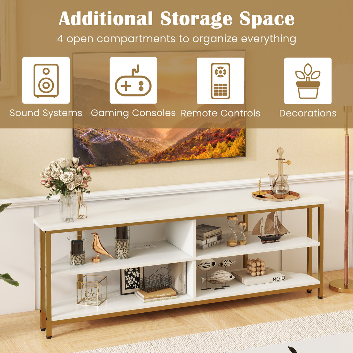 3-Tier Corner TV Stand for TVs up to 65 Inches with Charging Station- White-Entertainment Centers & TV Stands-DECOROLALA