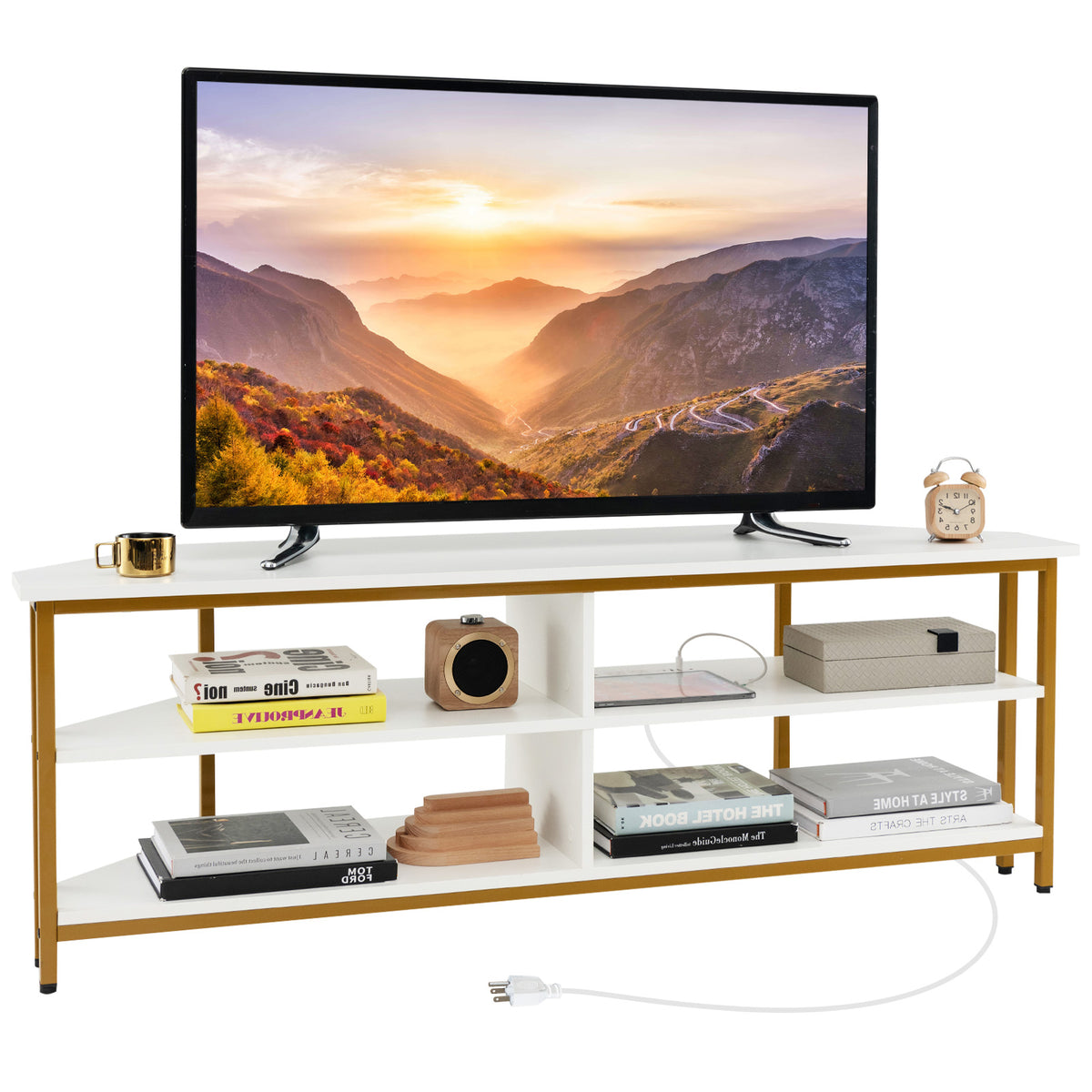 3-Tier Corner TV Stand for TVs up to 65 Inches with Charging Station- White-Entertainment Centers & TV Stands-DECOROLALA