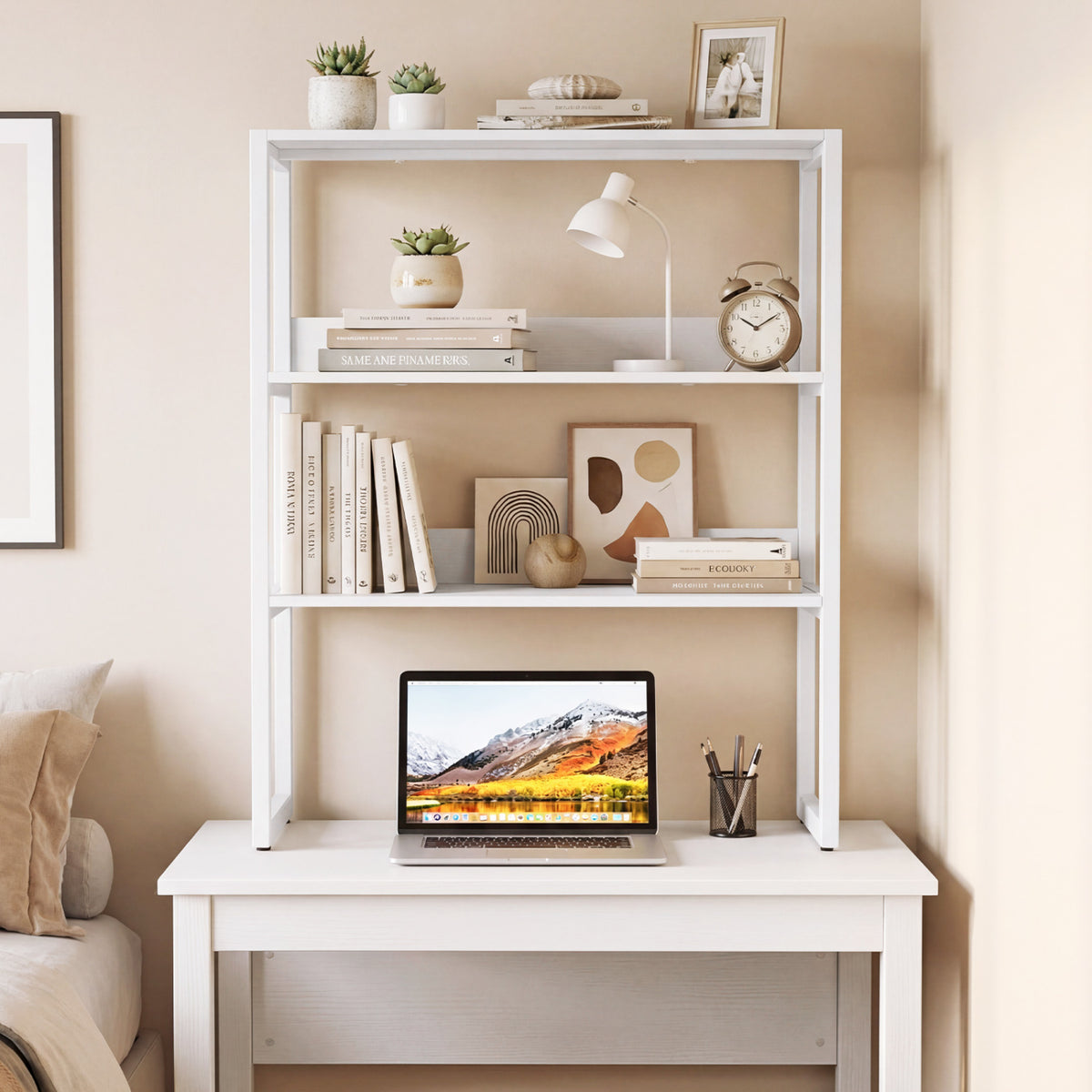 3-Tier Countertop Storage Hutch with Open Shelves-White-Bookcases-DECOROLALA