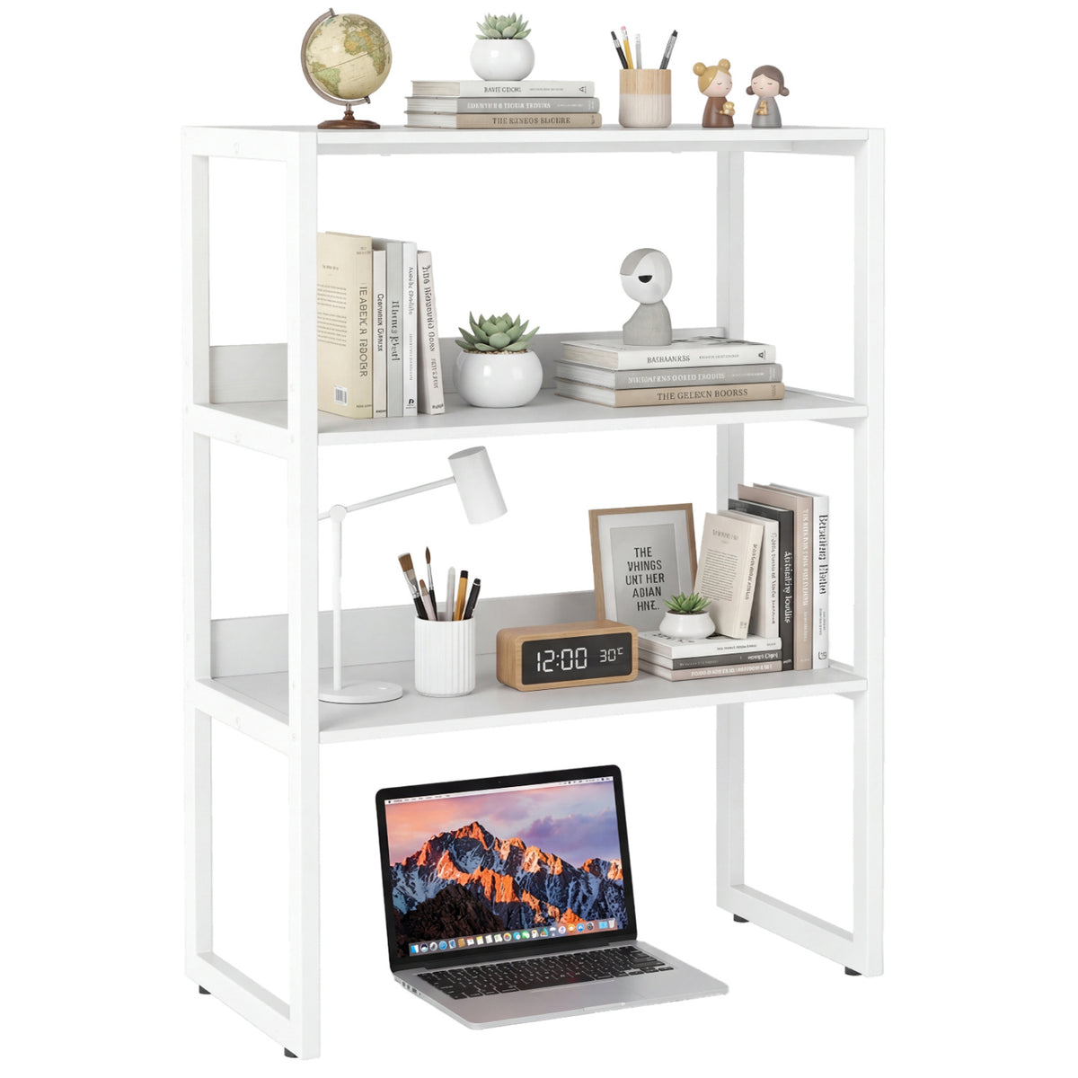 3-Tier Countertop Storage Hutch with Open Shelves-White-Bookcases-DECOROLALA