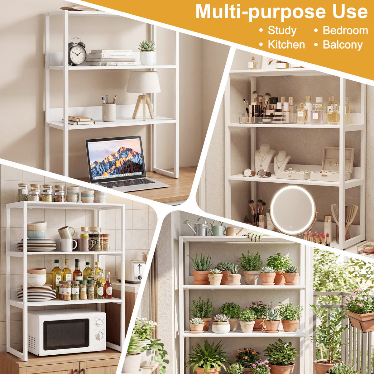 3-Tier Countertop Storage Hutch with Open Shelves-White-Bookcases-DECOROLALA