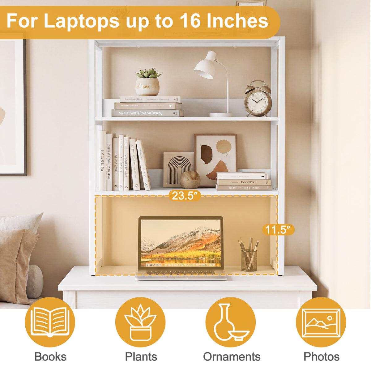 3-Tier Countertop Storage Hutch with Open Shelves-White-Bookcases-DECOROLALA