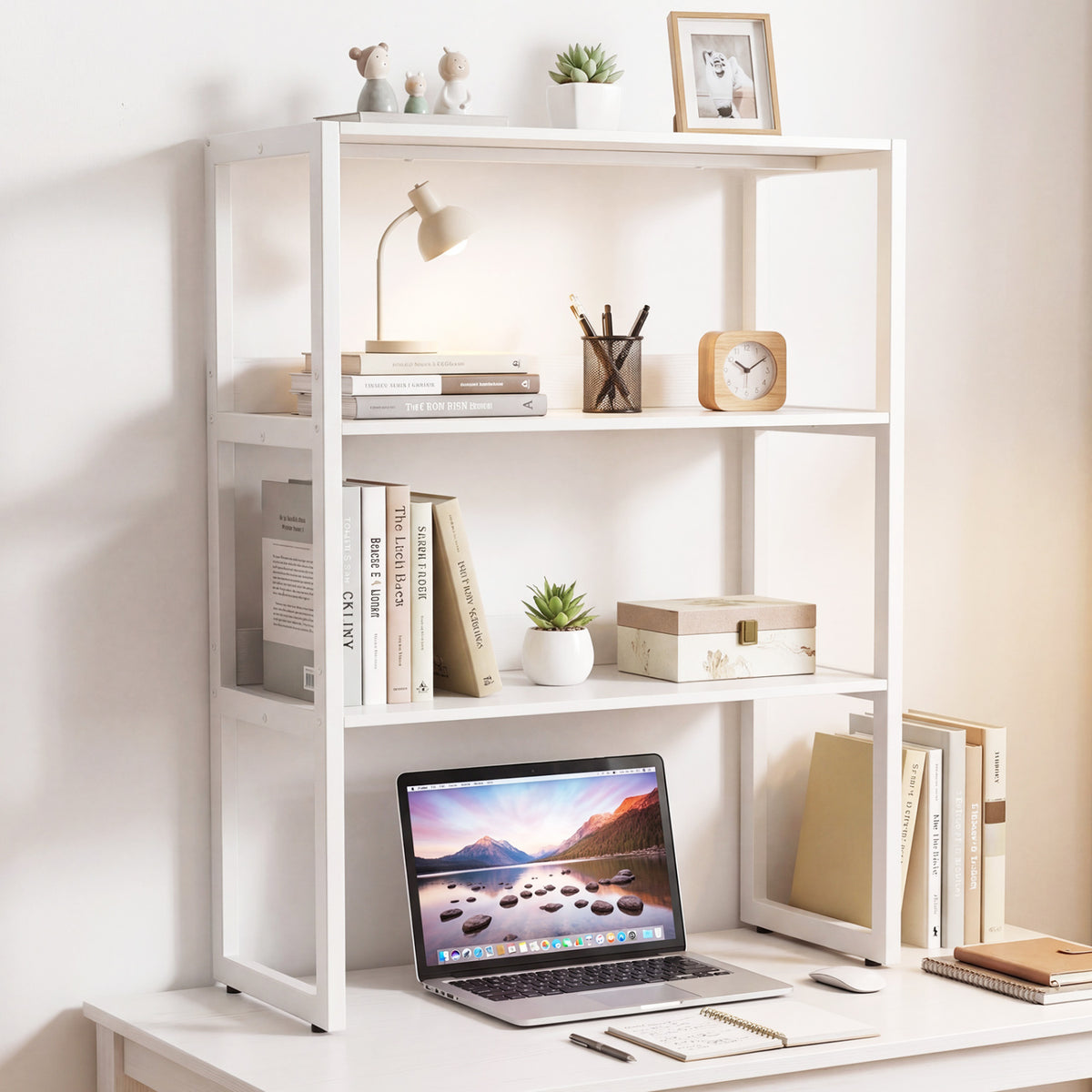 3-Tier Countertop Storage Hutch with Open Shelves-White-Bookcases-DECOROLALA
